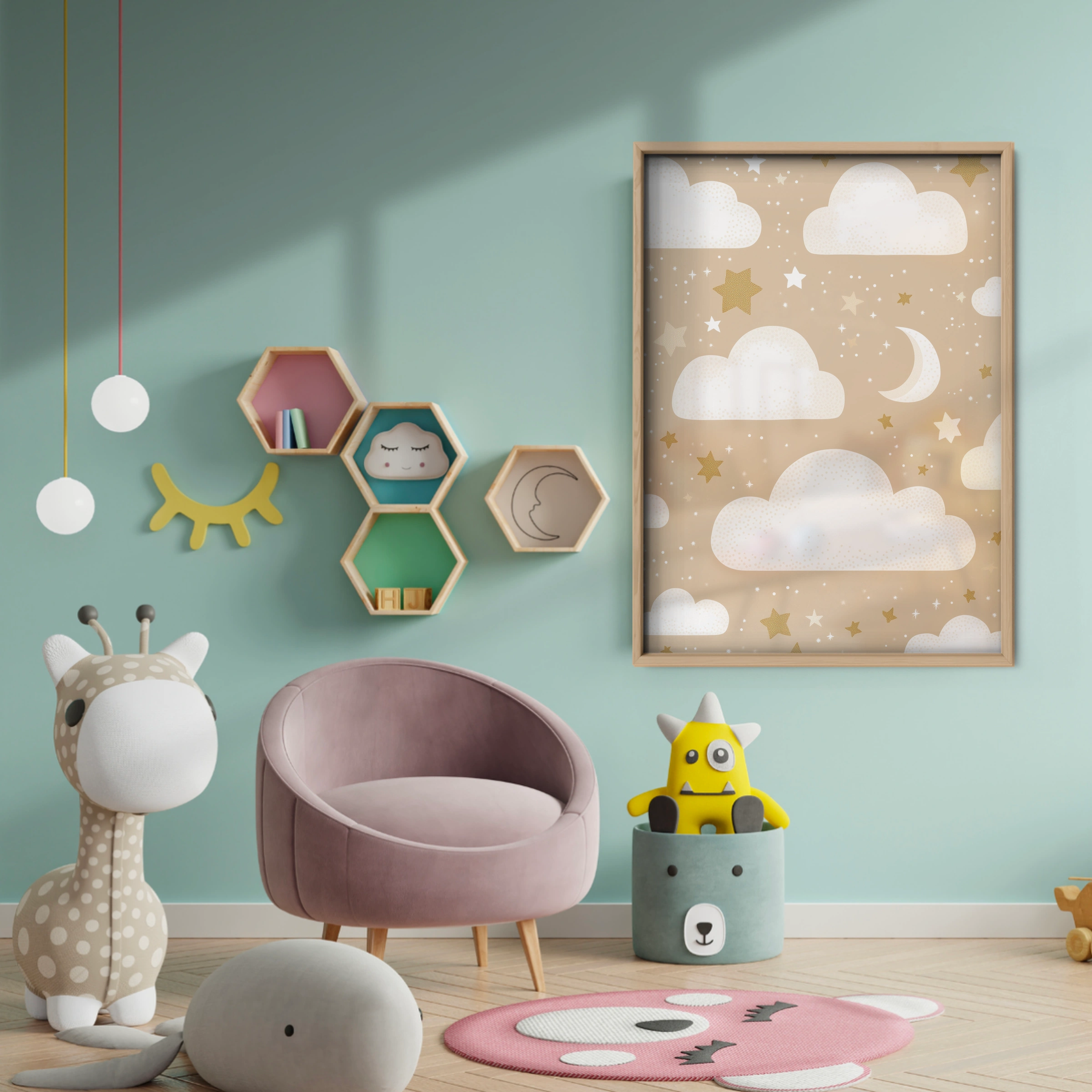Clouds and Stars Nursery Print - baby room wall decor print