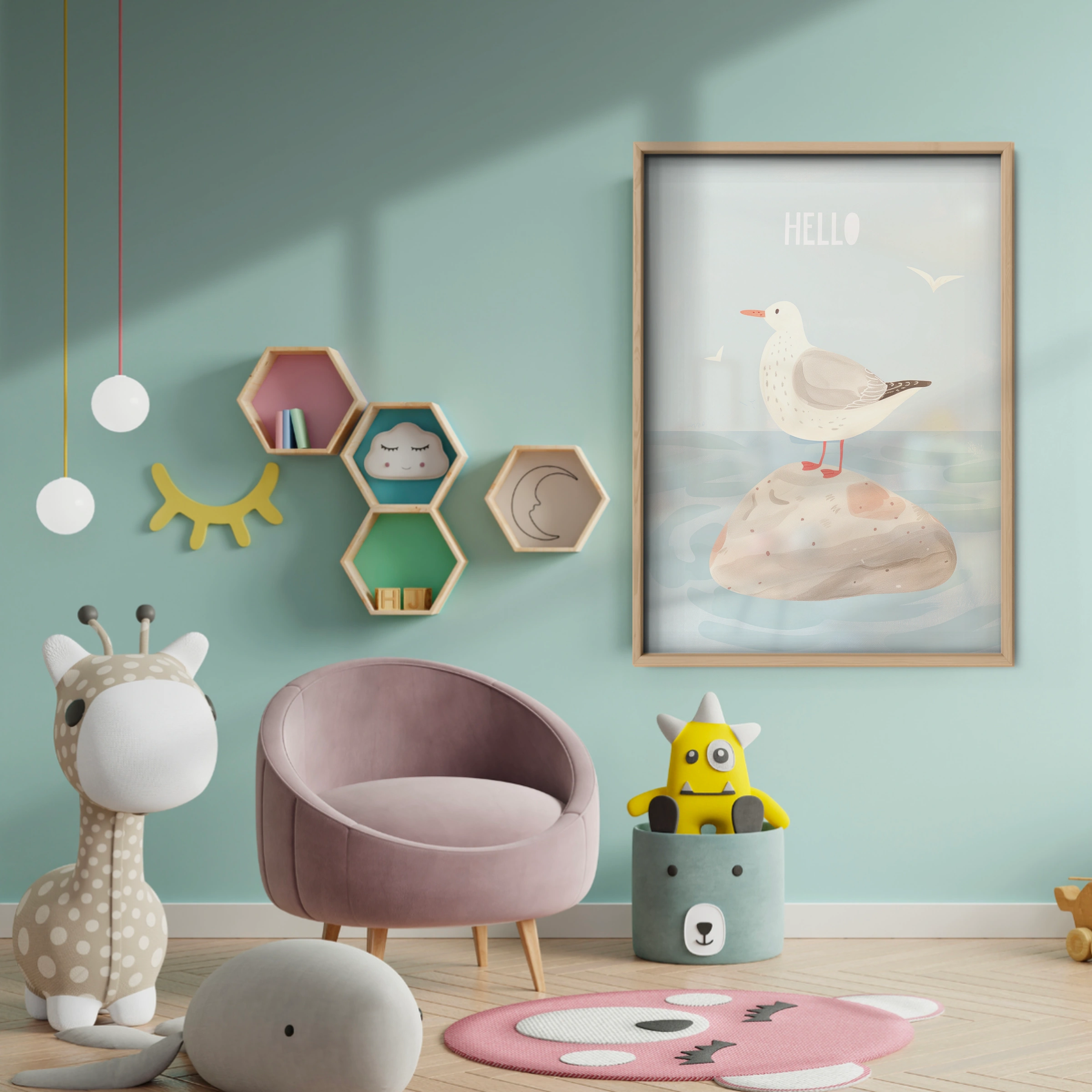 Coastal Seagull Nursery Print - baby room wall decor print