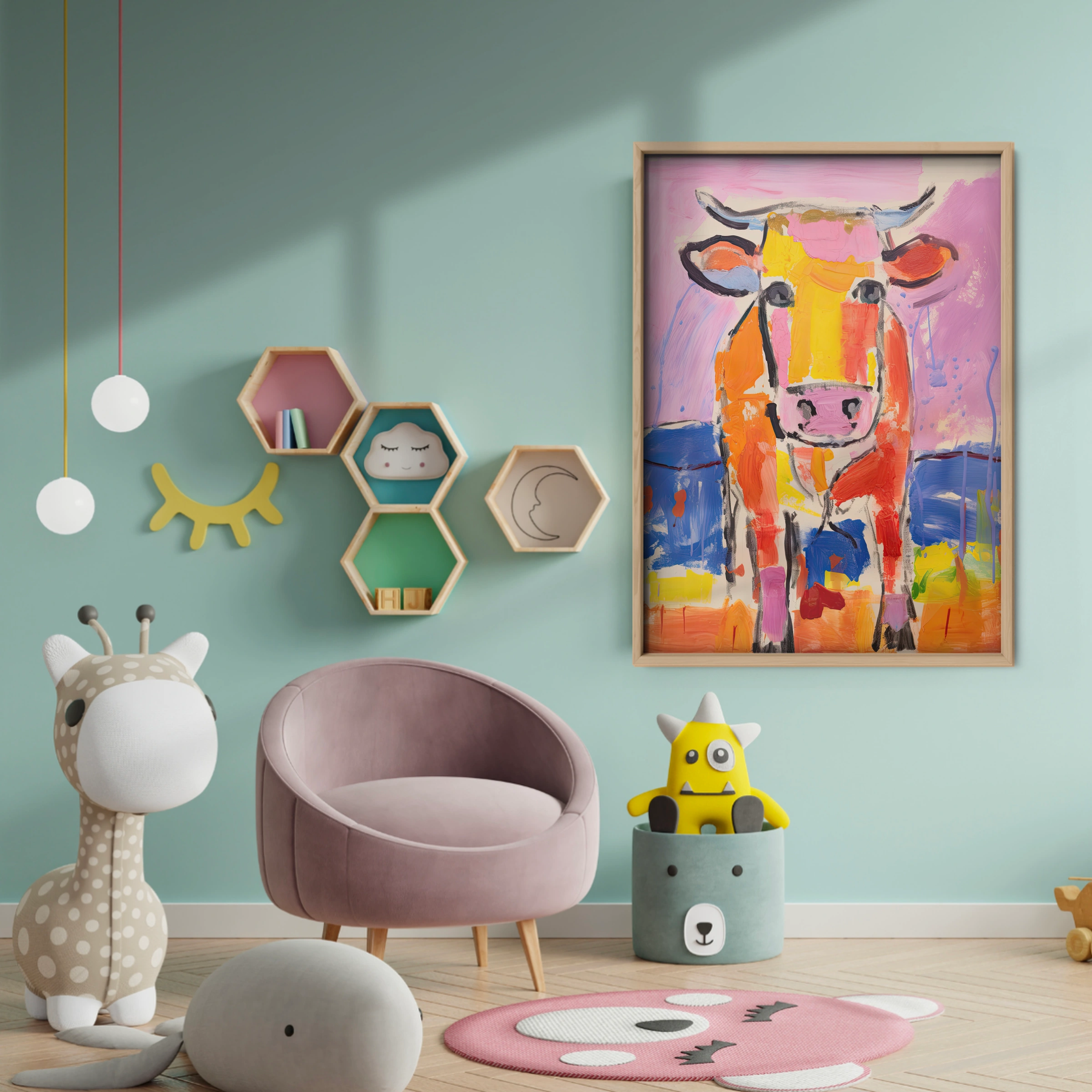 Colourful Cow Nursery Print - baby room wall decor print