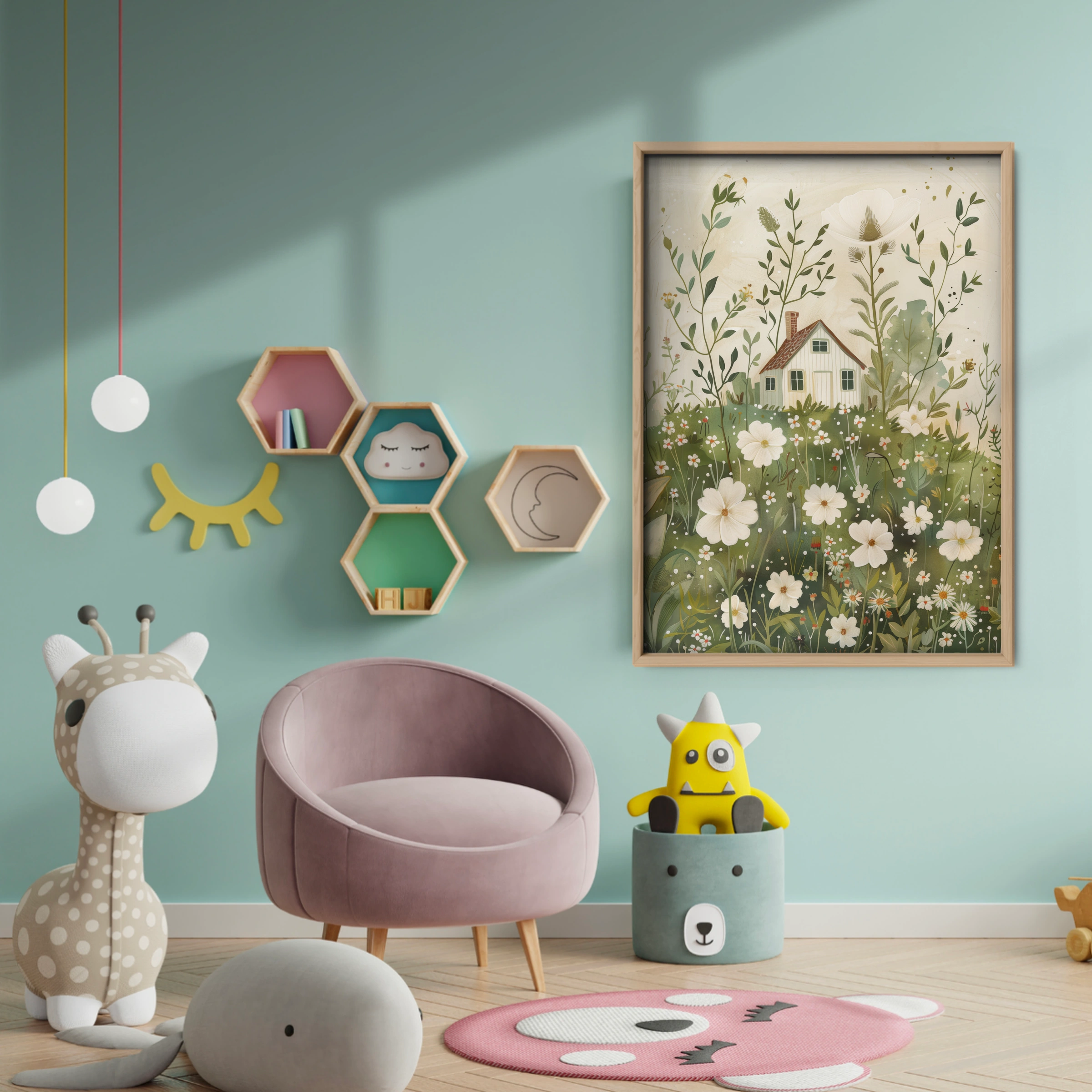 Cottage in Flowers Nursery Print - baby room wall decor print