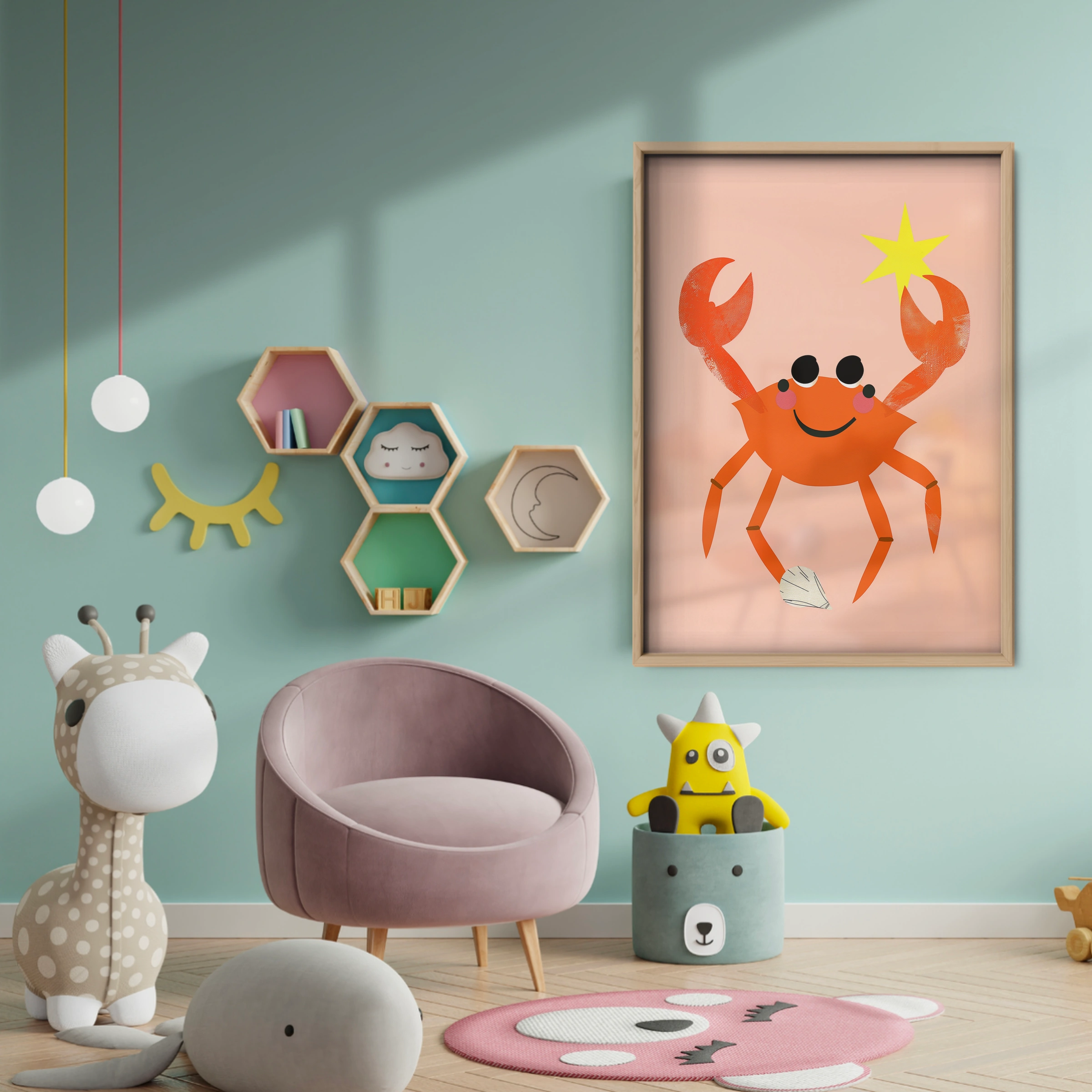 Crab with a Star Two Nursery Print - baby room wall decor print