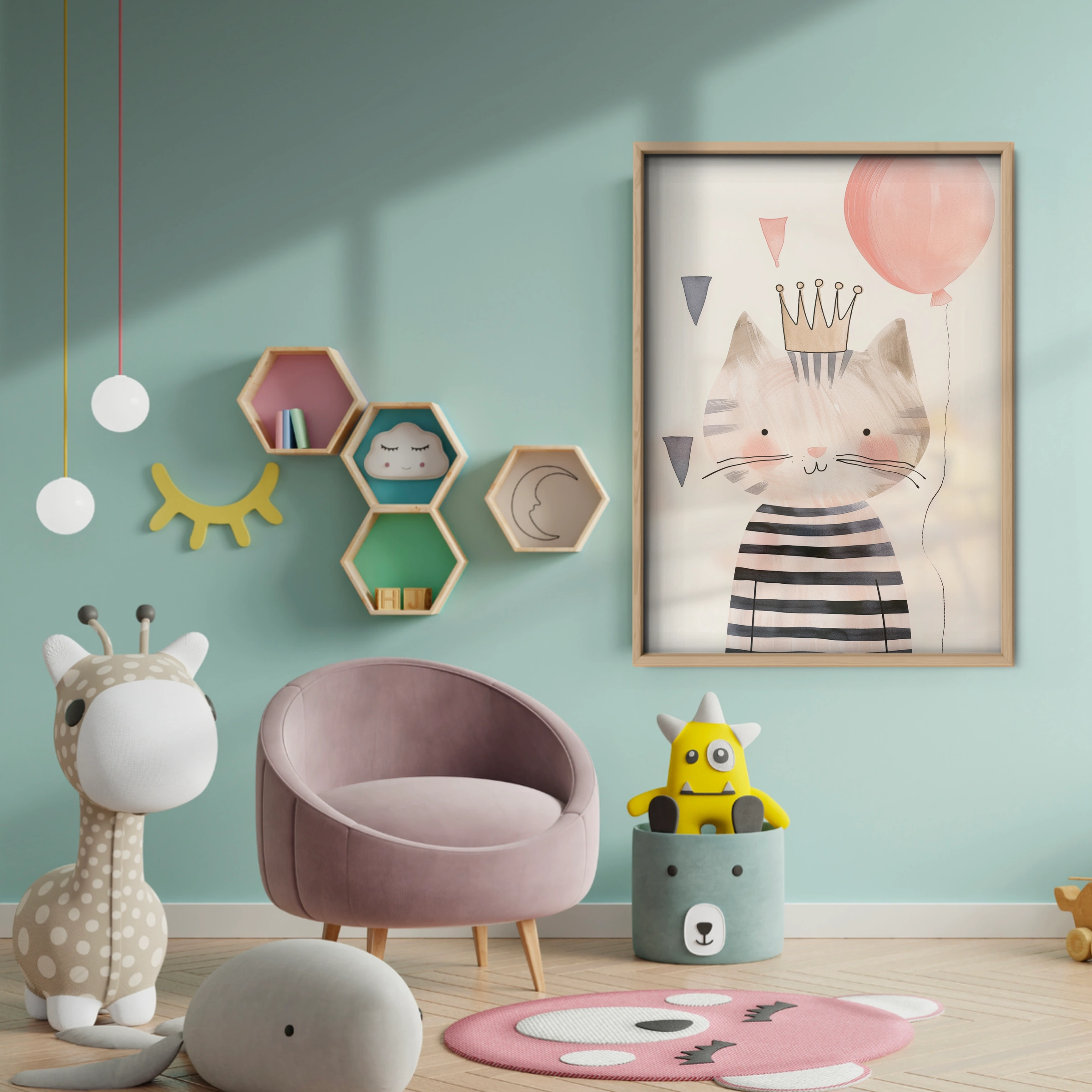 Crown Cat with a Balloon Nursery Print - baby room wall decor print