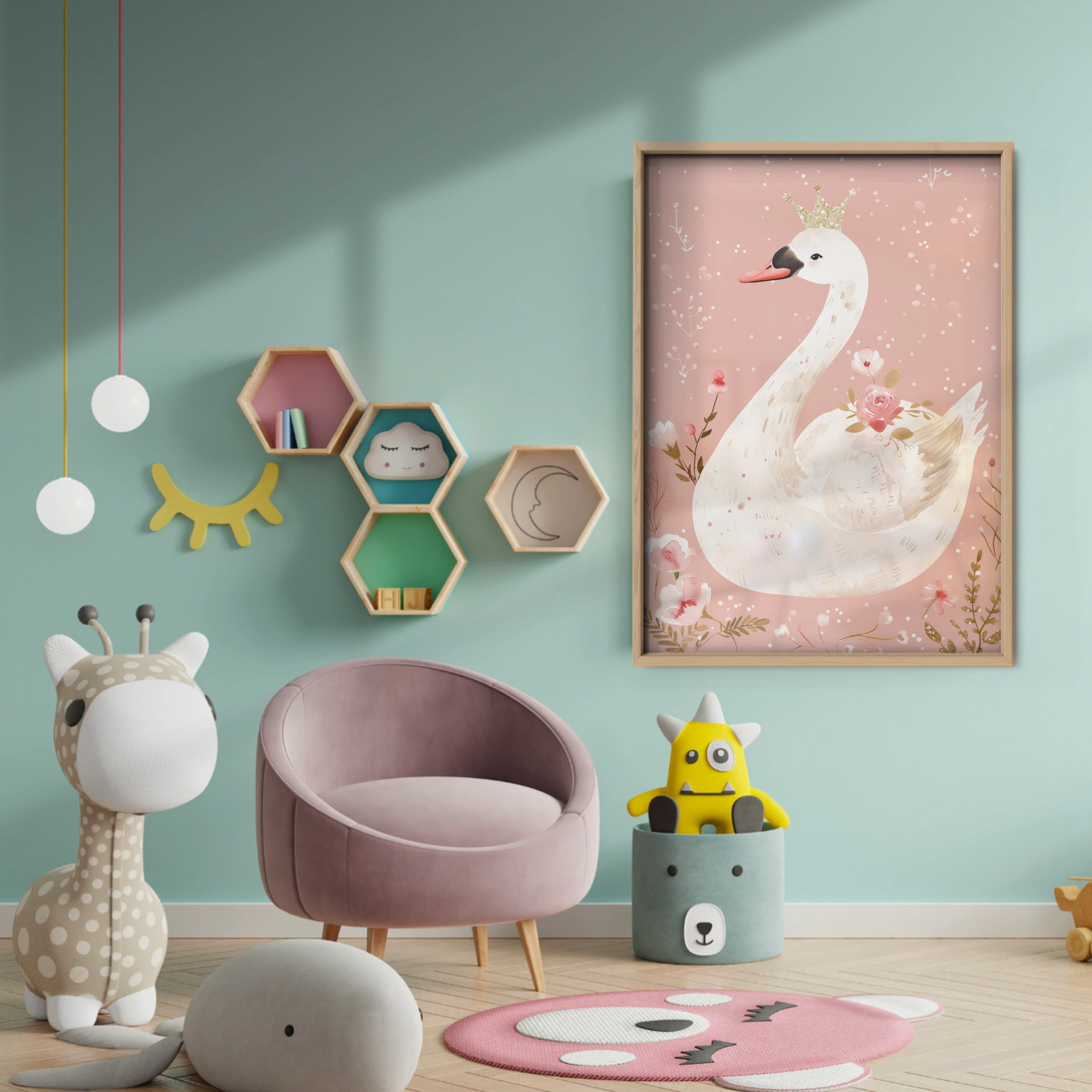 Crowned Swan Nursery Print - baby room wall decor print