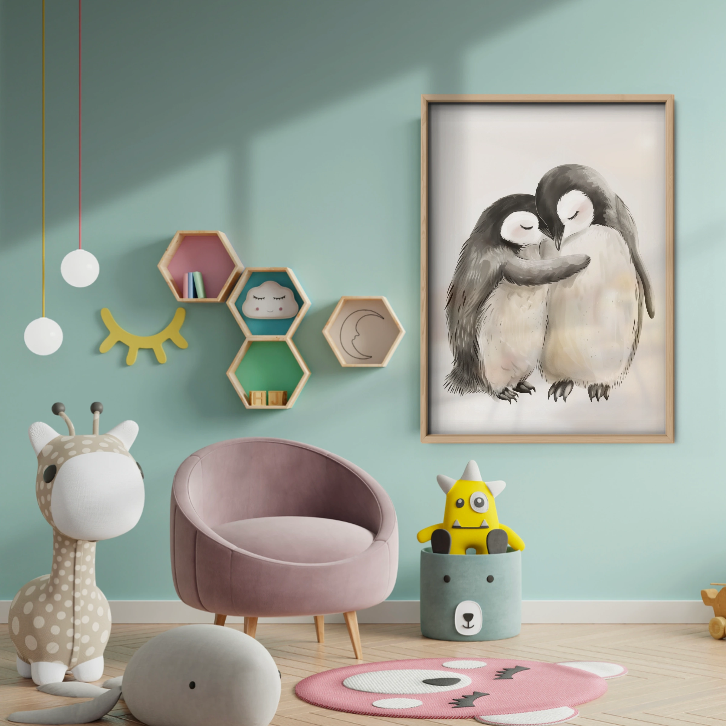 Cuddling Penguins Nursery Print - baby room wall decor print