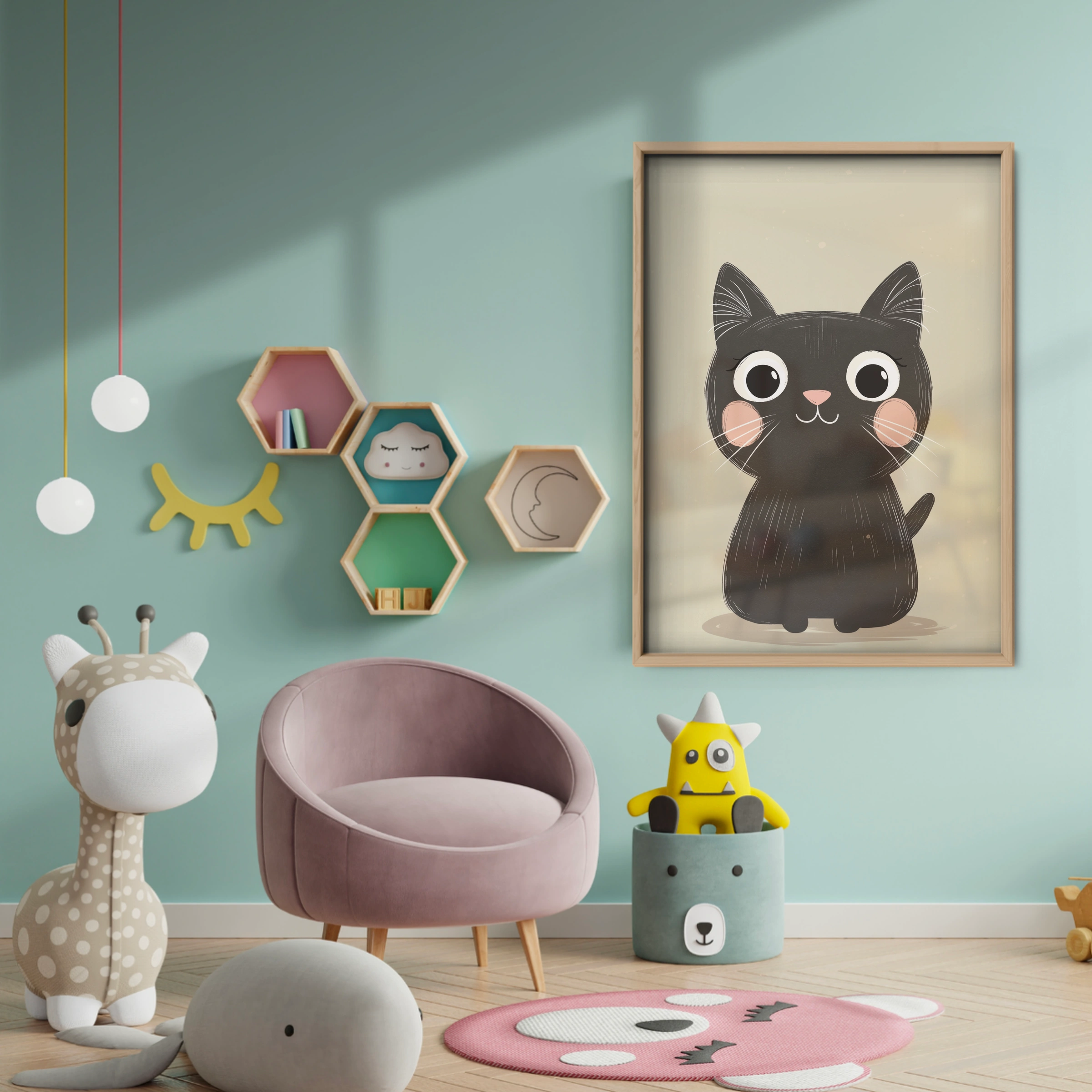 Curious Black Cat Nursery Print - baby room wall decor print