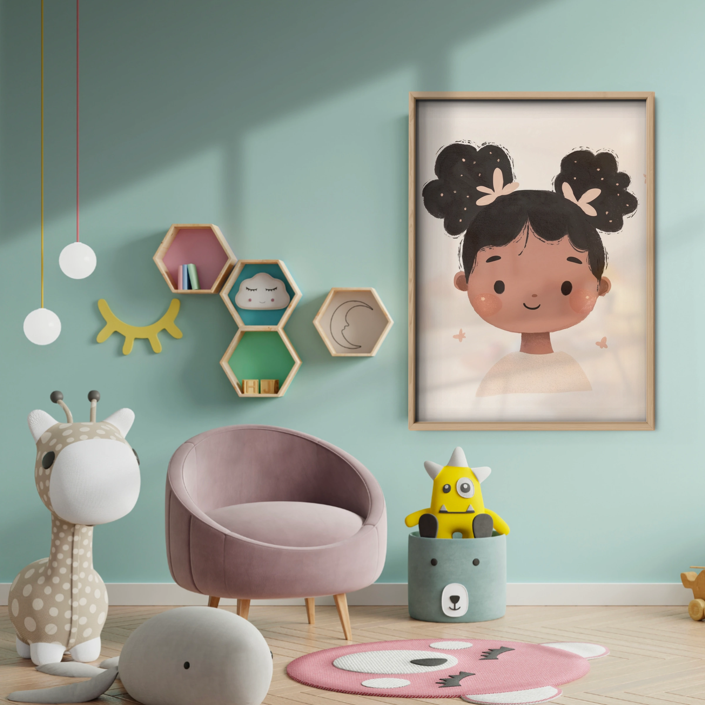 Curly Hair Girl Nursery Print - baby room wall decor print