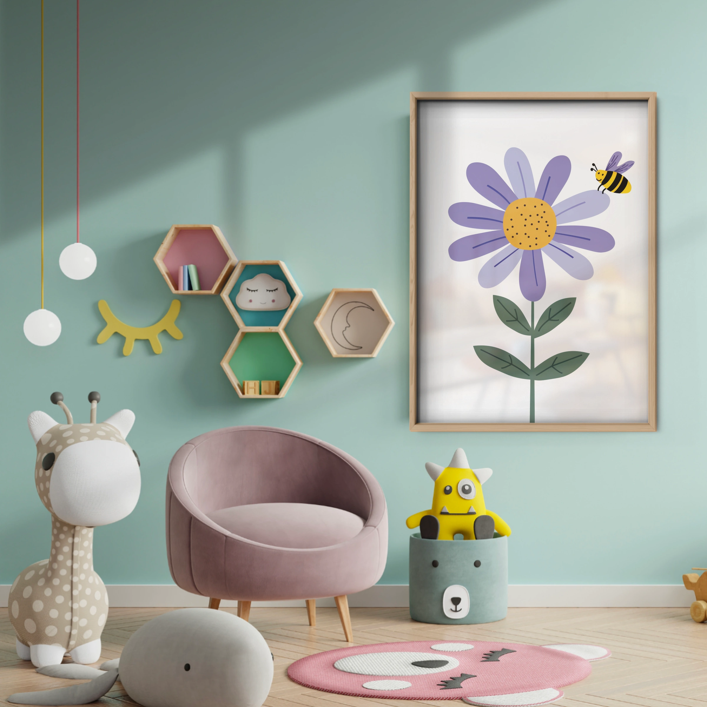 Daisy and a Bee Nursery Print - baby room wall decor print