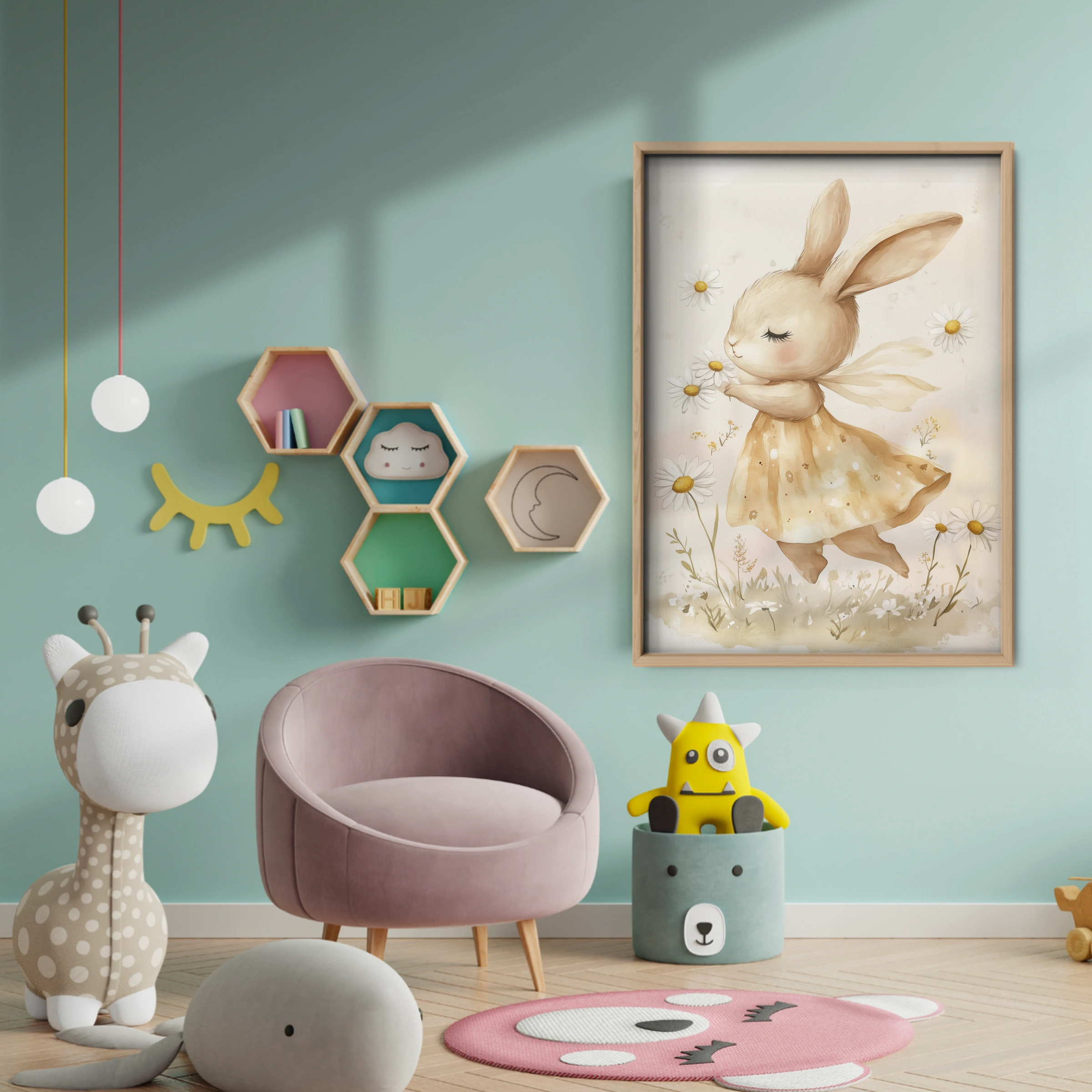 Daisy Bunny Nursery Print - baby room wall decor print