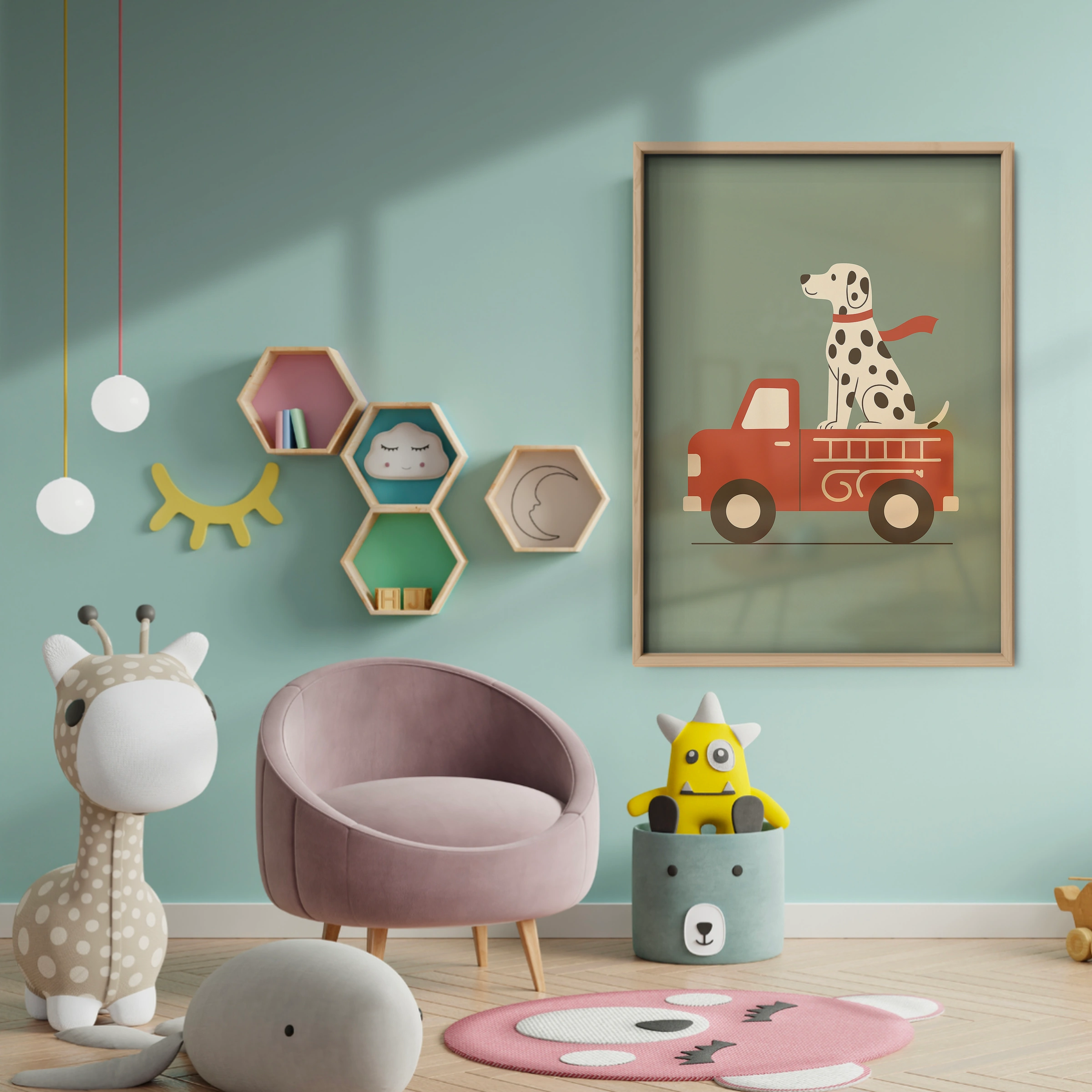 Dalmatian Fire Truck Nursery Print - baby room wall decor print