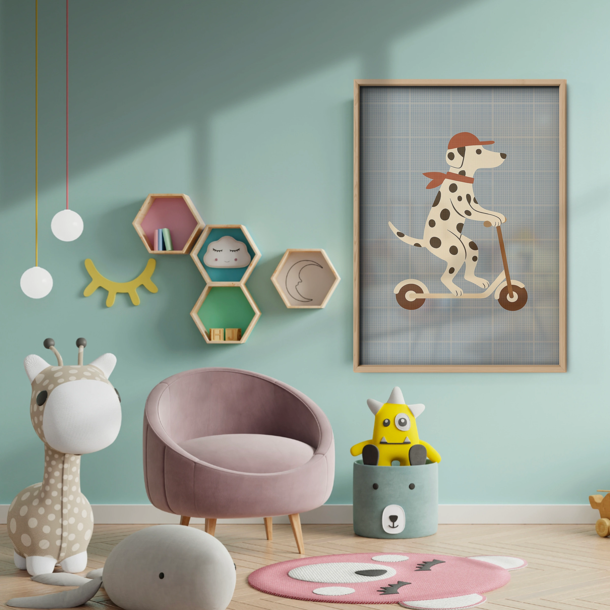 Dalmatian Scooter Ride Nursery Print - baby room wall decor print