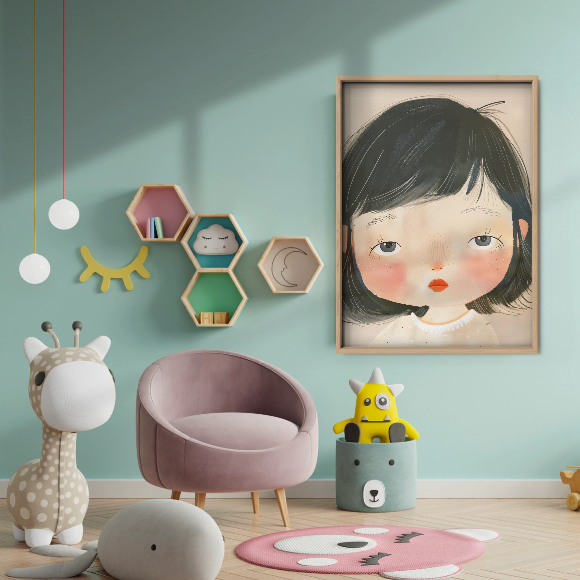 Dark Hair Girl Portrait Nursery Print - baby room wall decor print