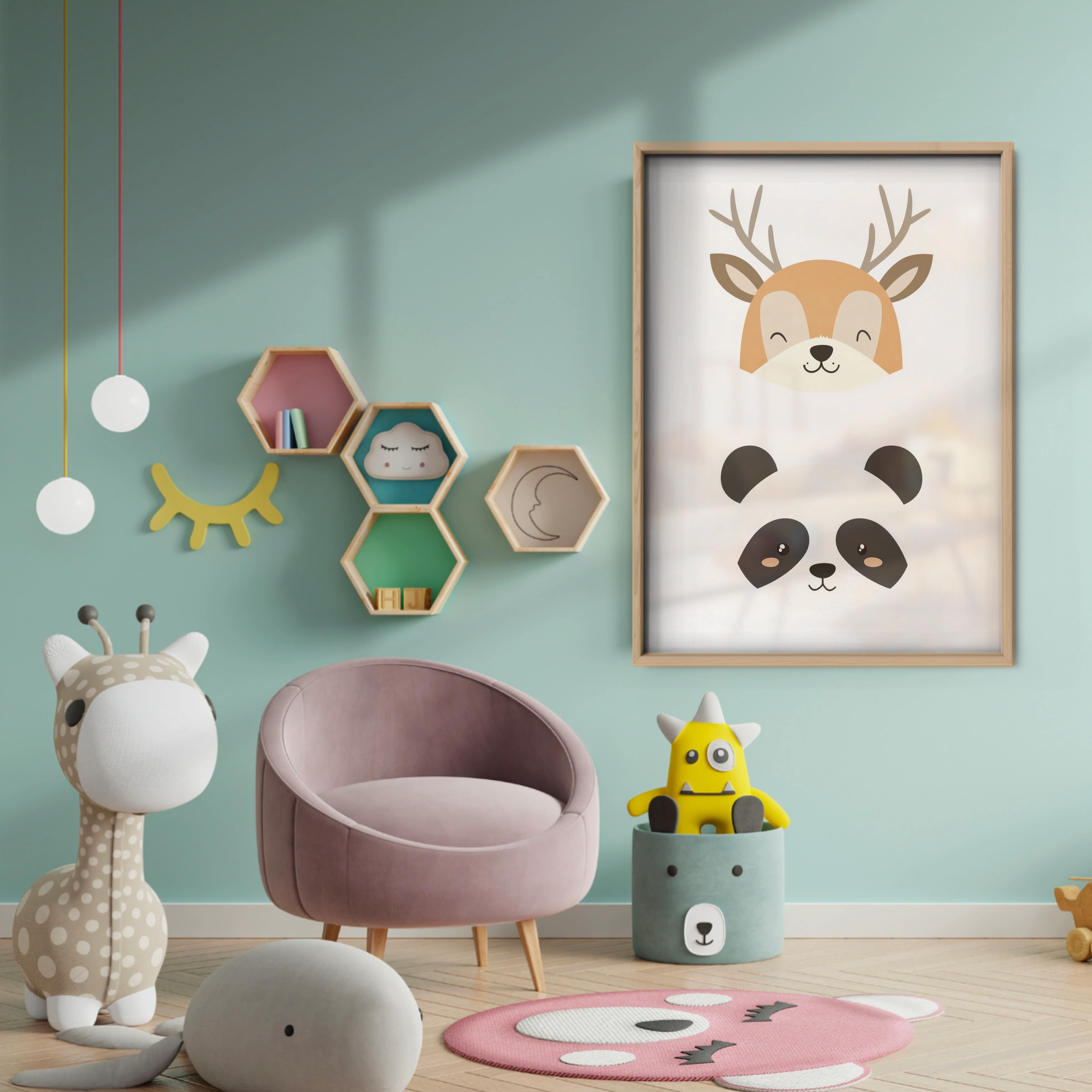 Deer and Panda Nursery Print - baby room wall decor print