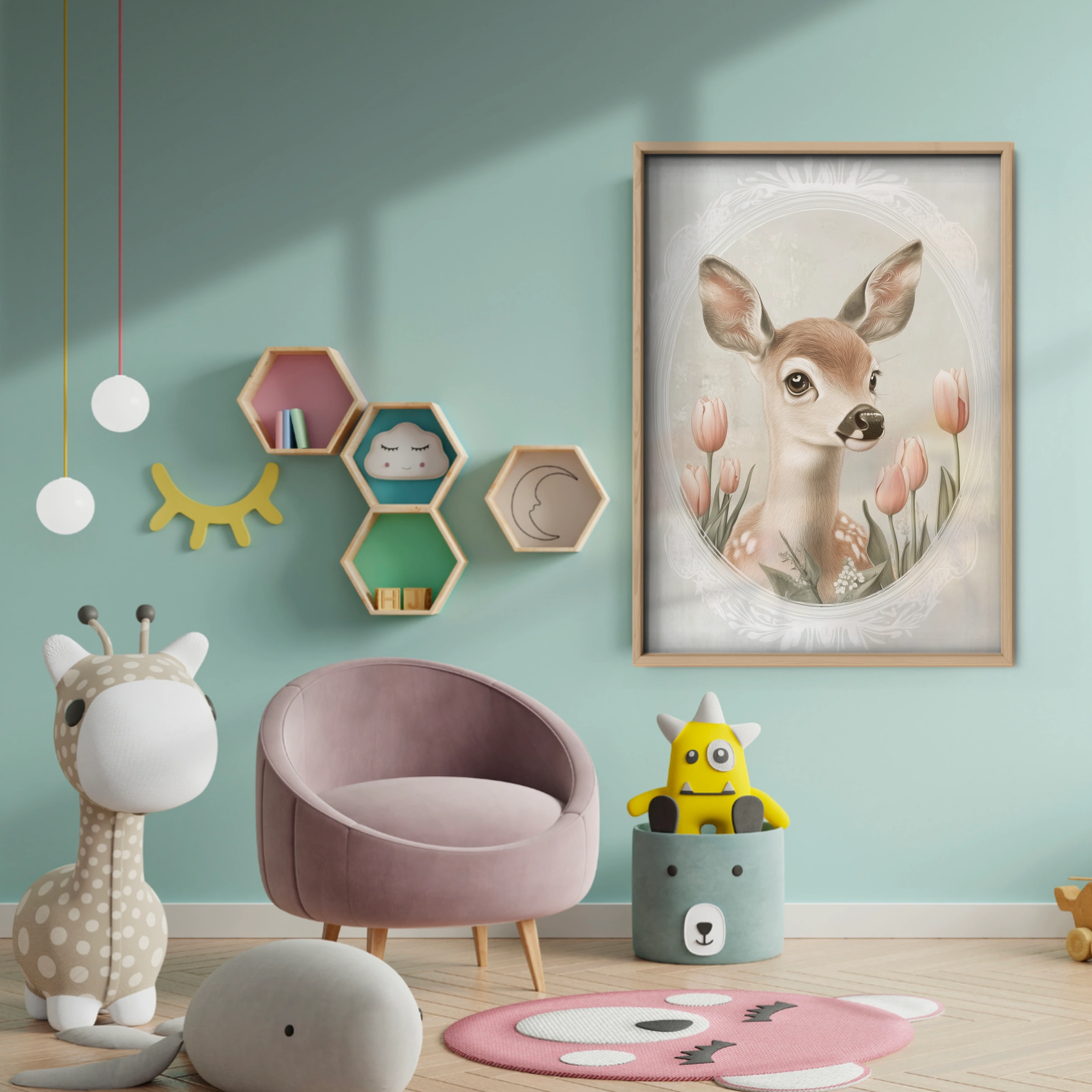 Deer with Tulips Nursery Print - baby room wall decor print