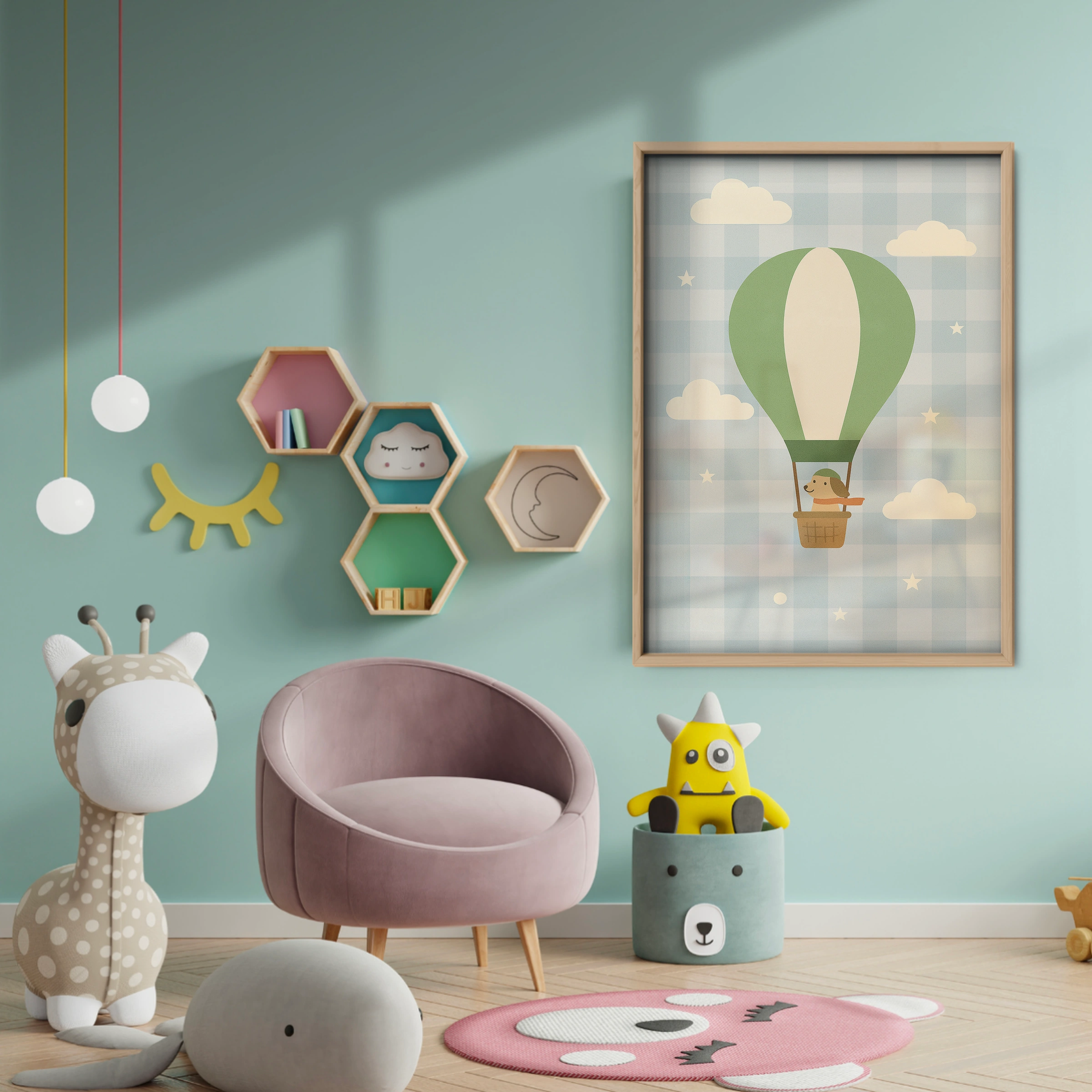 Dog Hot Air Balloon Nursery Print - baby room wall decor print