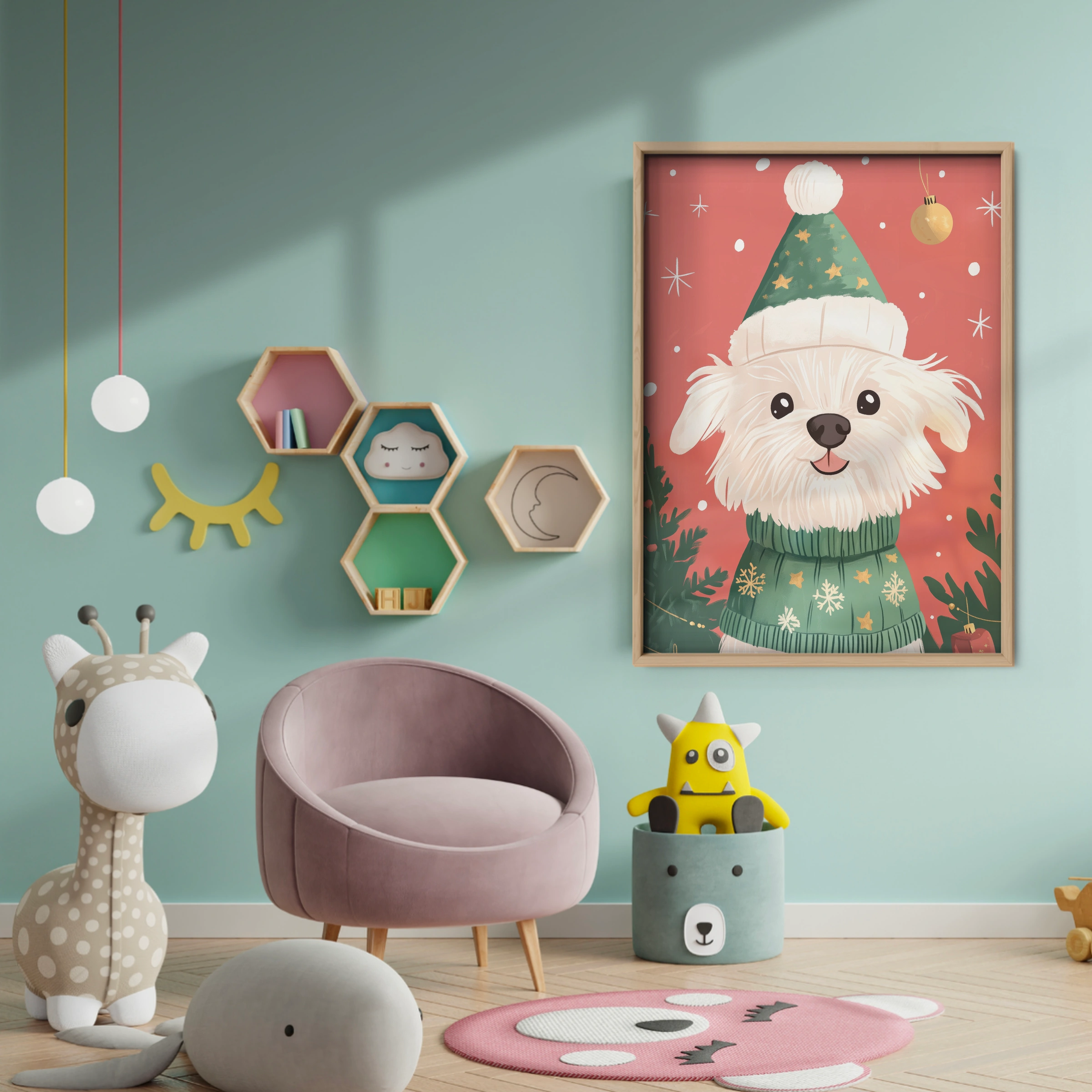 Dog in a Green Sweater Christmas Print - baby room wall decor print
