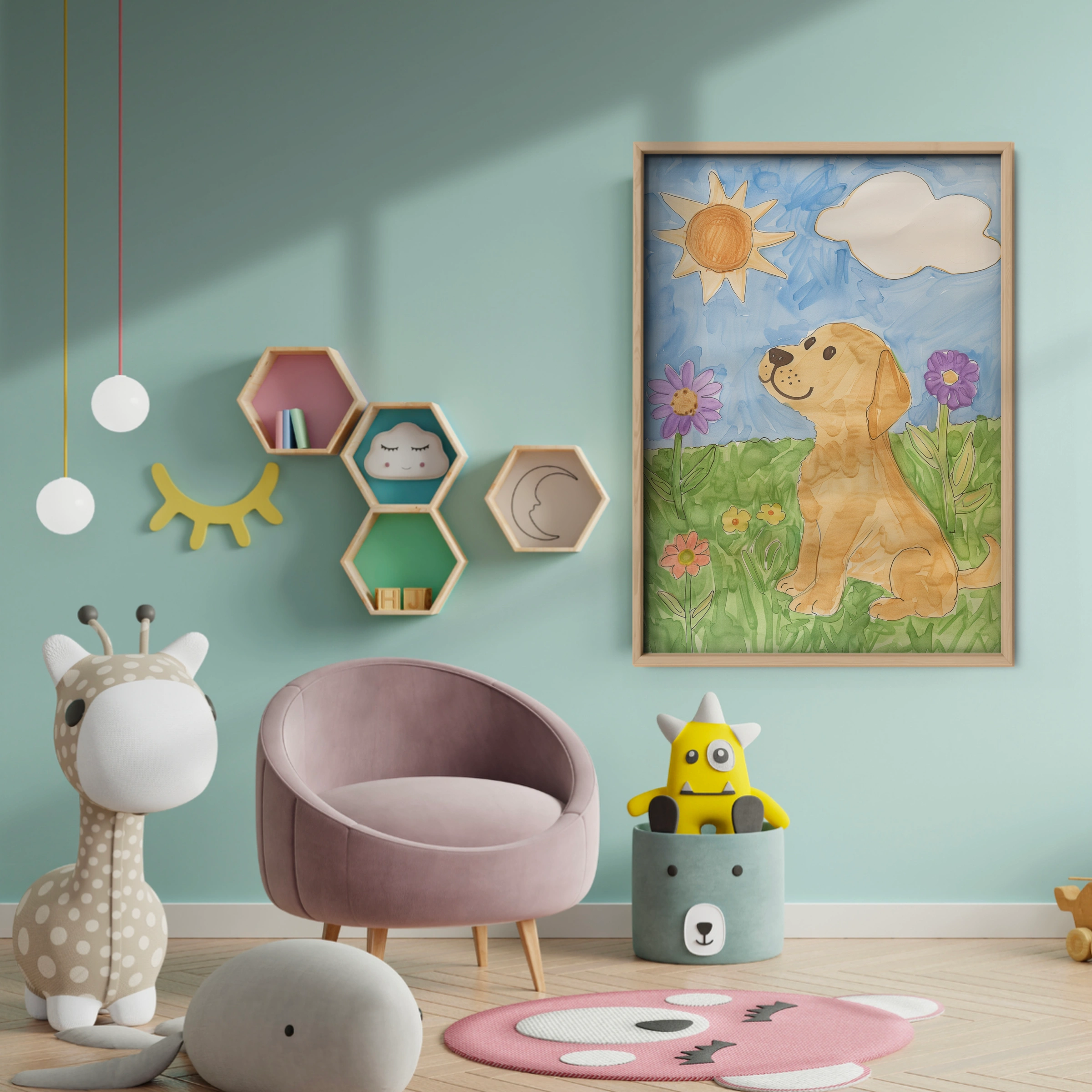 Dog in a Meadow Nursery Print - baby room wall decor print