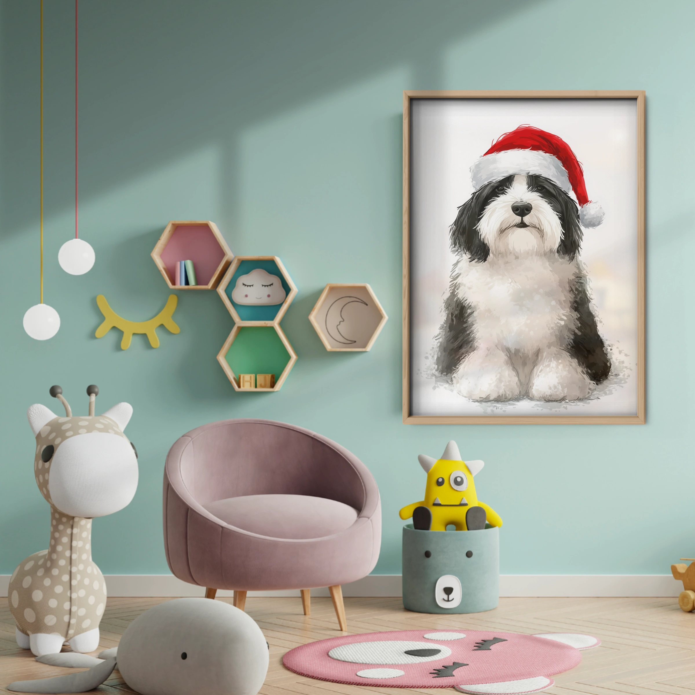 Dog in a Santa Hat Christmas Print - baby room wall decor print