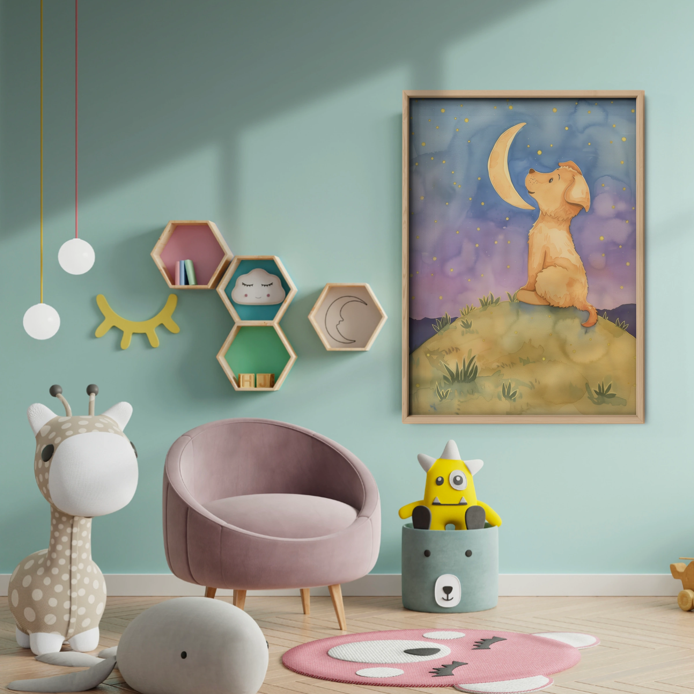 Dog Under the Moon Nursery Print - baby room wall decor print