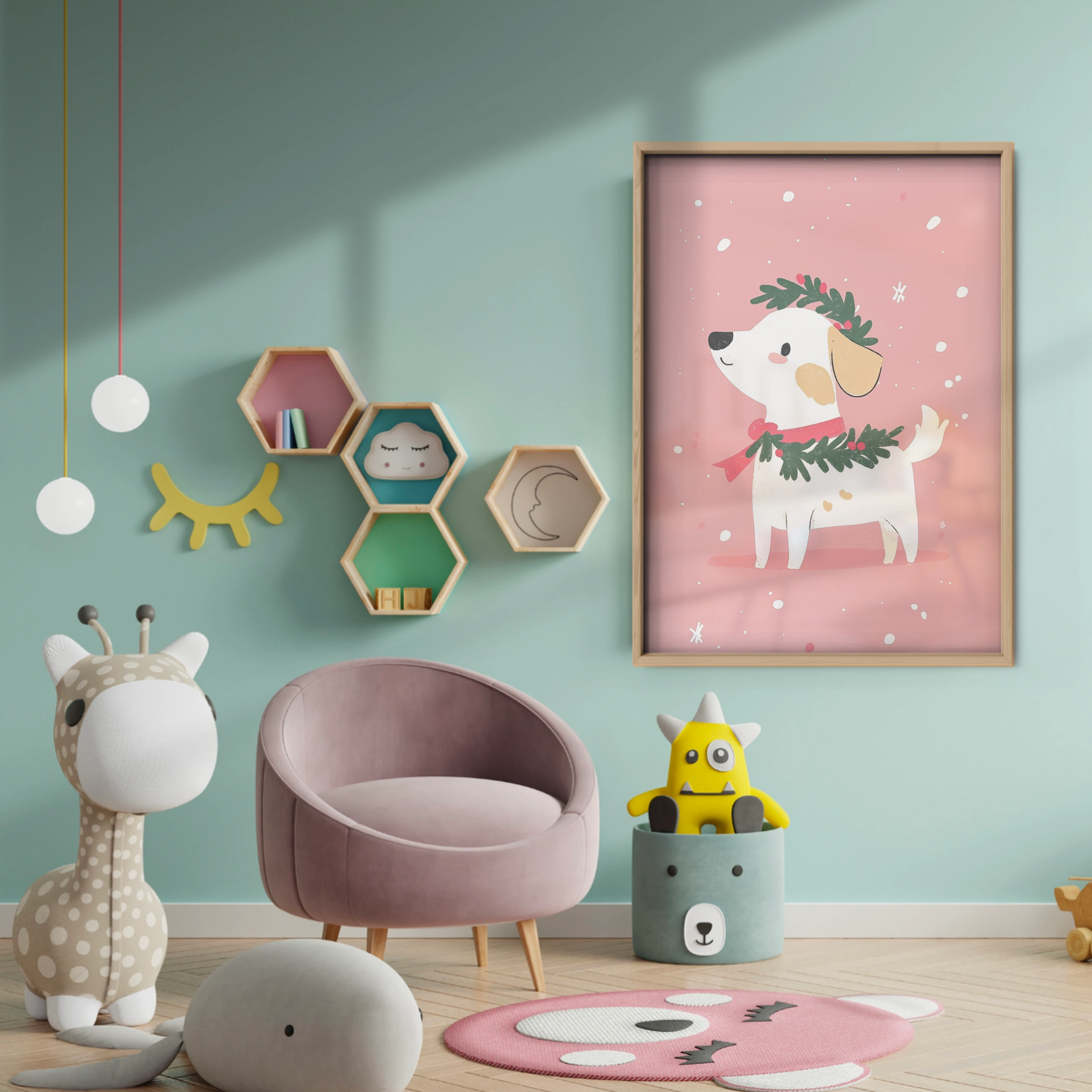 Dog with a Wreath Christmas Print - baby room wall decor print