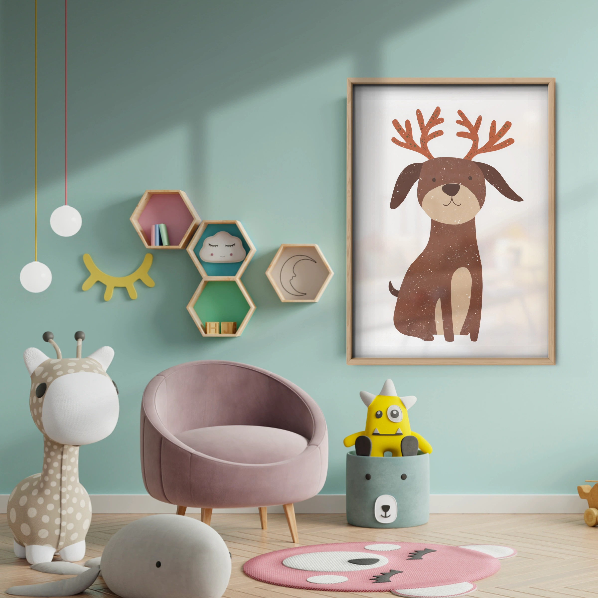 Dog with Antlers Christmas Print - baby room wall decor print