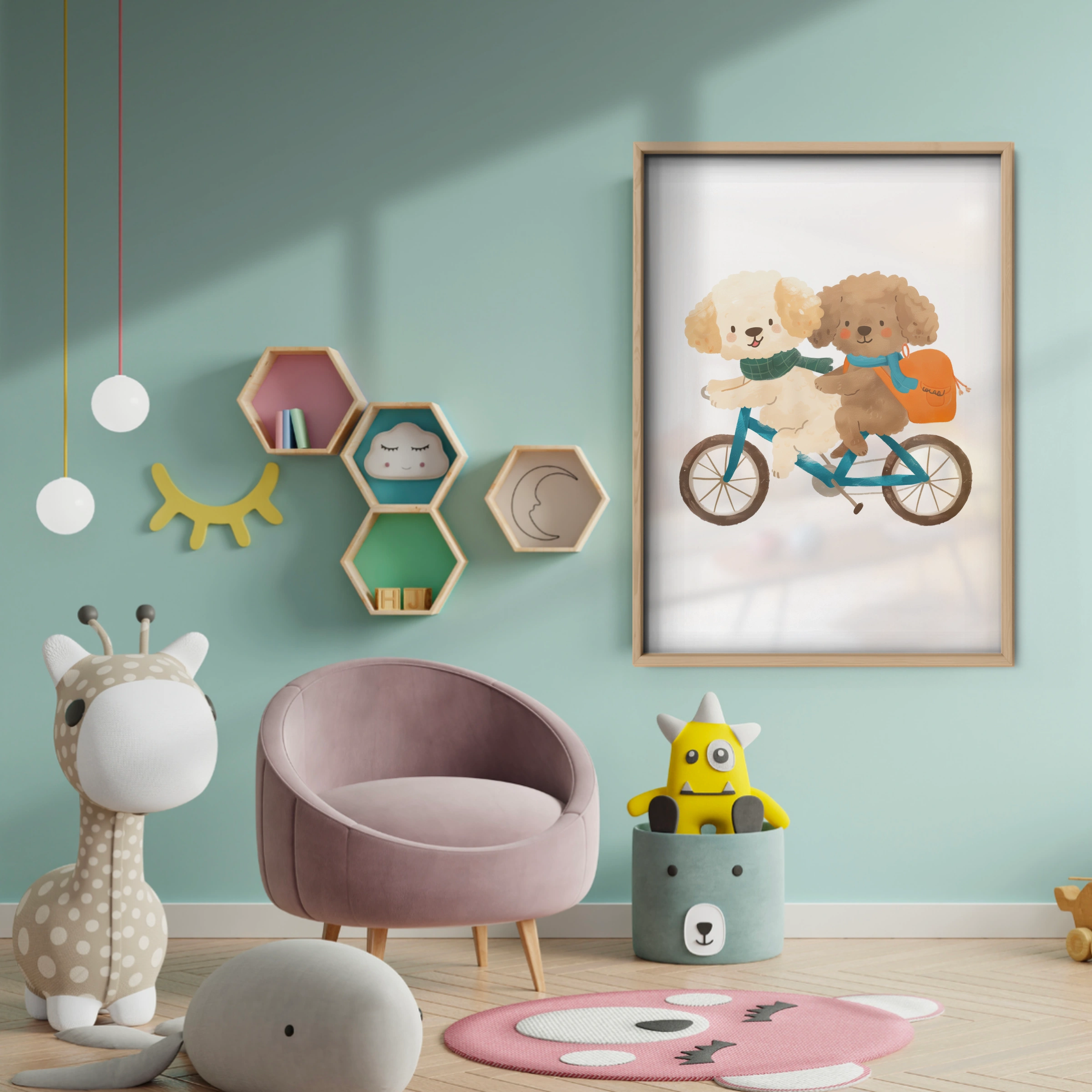 Dogs on a Bicycle Nursery Print - baby room wall decor print