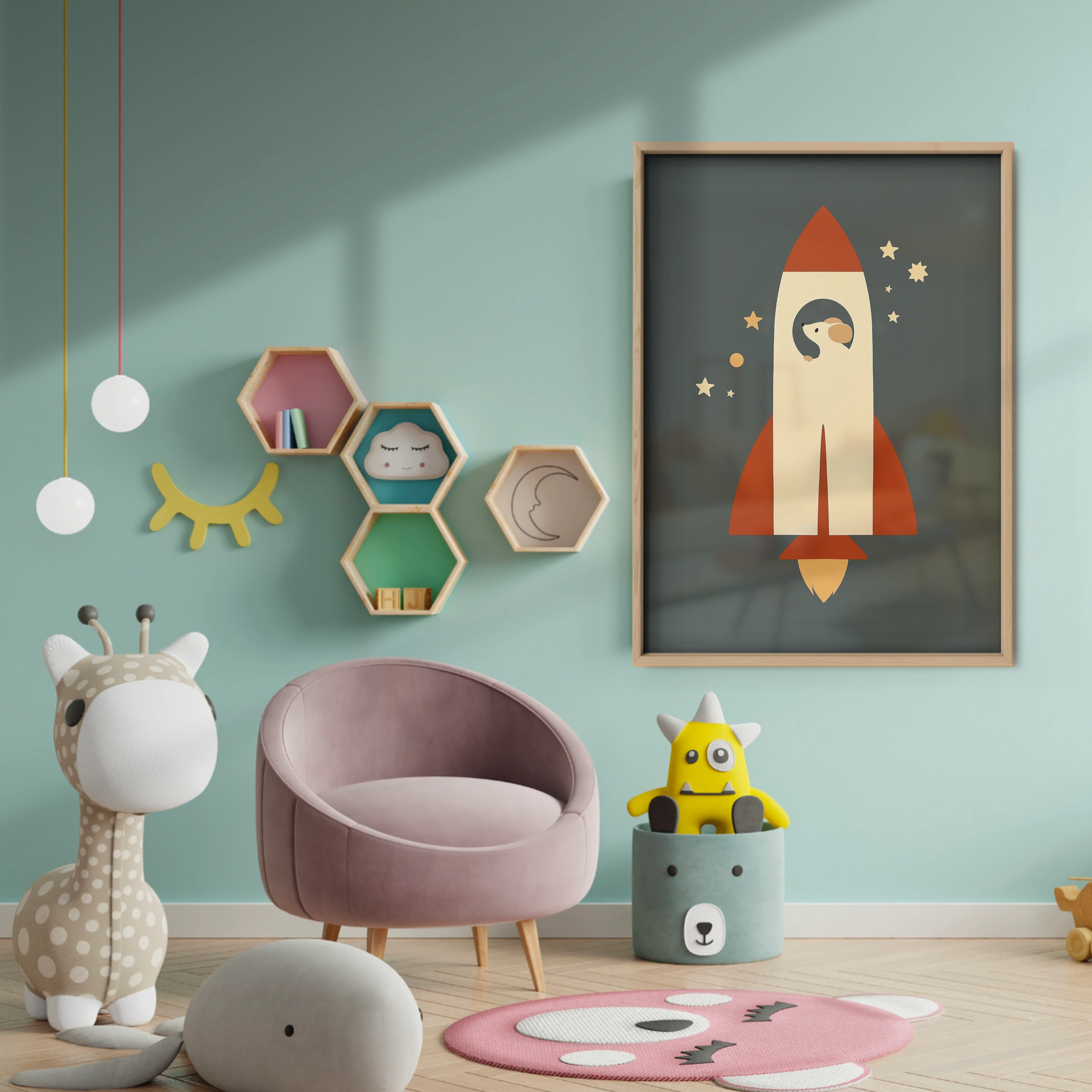 Eagle in a Rocket Nursery Print - baby room wall decor print