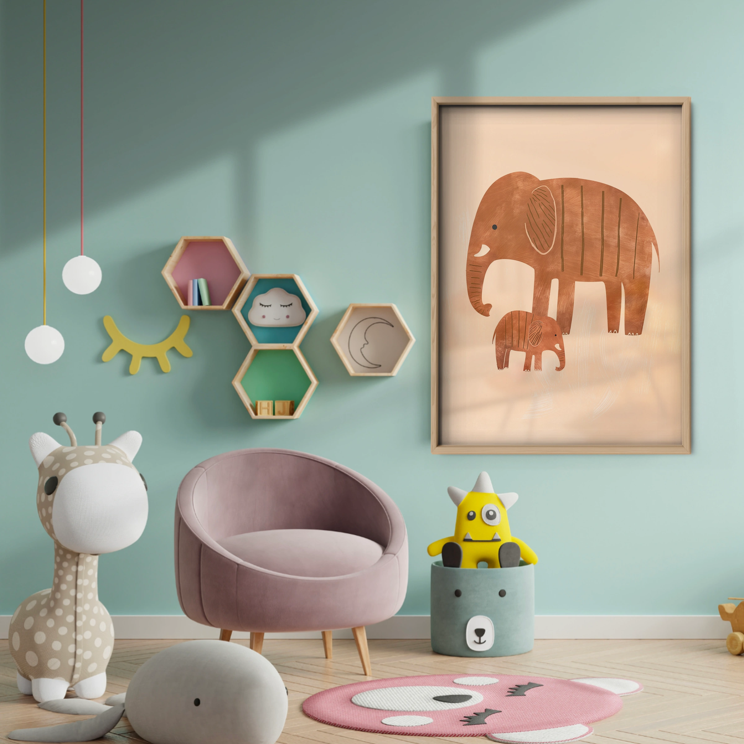 Elephant and Calf Nursery Print - baby room wall decor print
