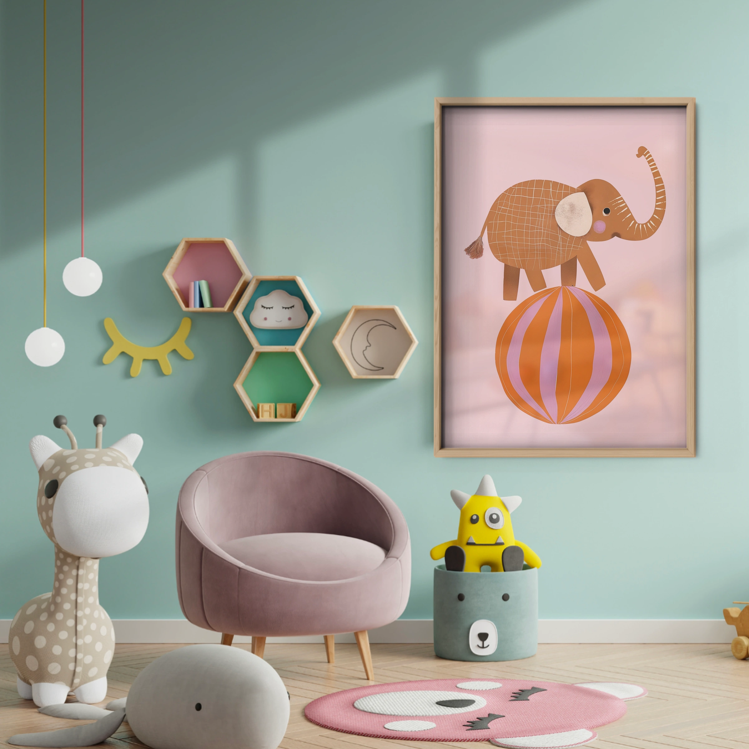 Elephant on a Ball Nursery Print - baby room wall decor print