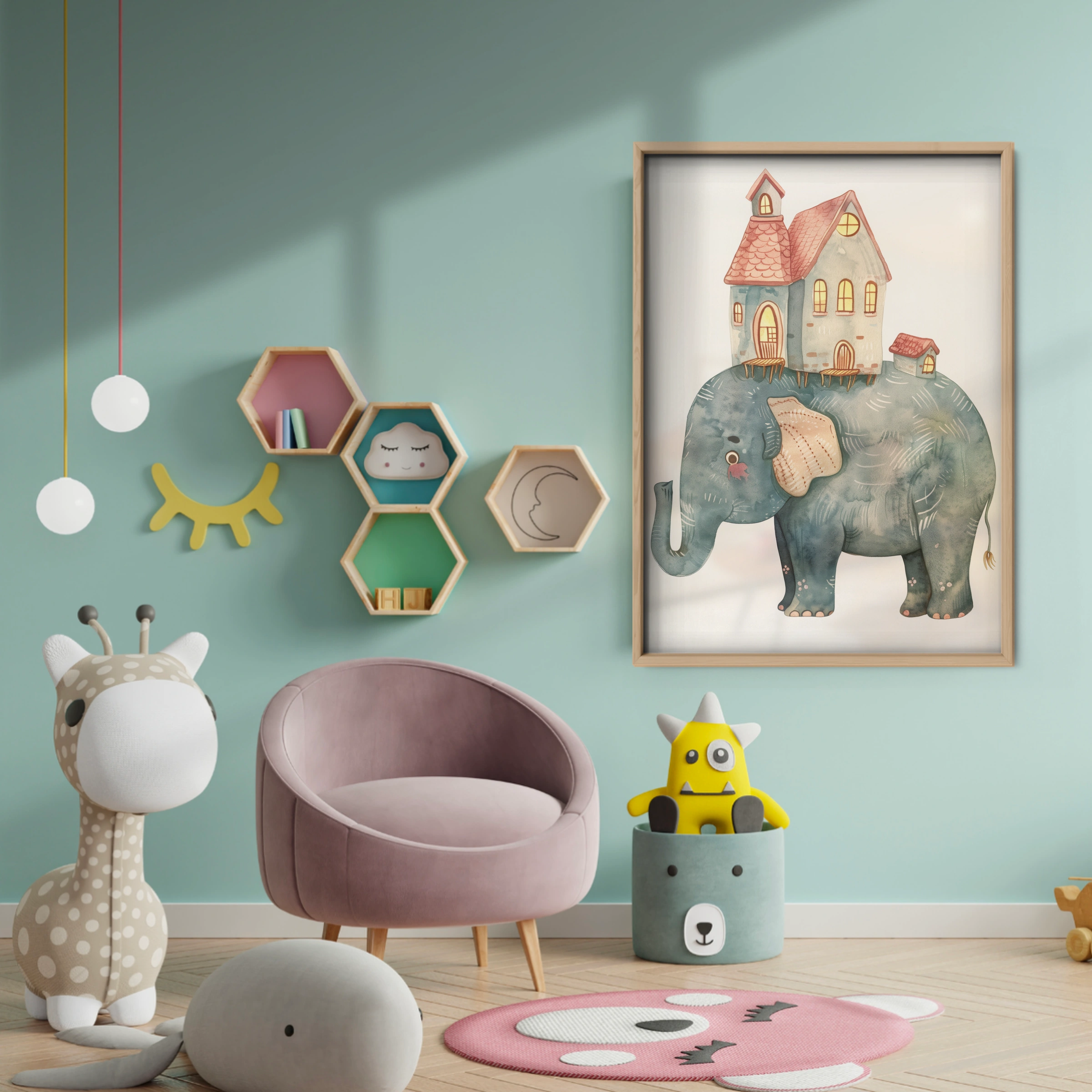 Elephant with a House Nursery Print - baby room wall decor print
