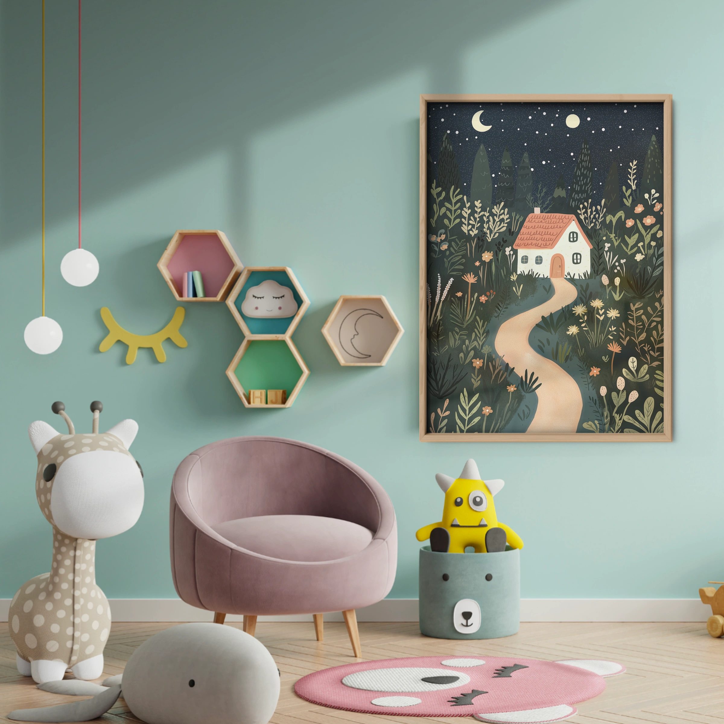 Enchanted Forest Village Nursery Print - baby room wall decor print
