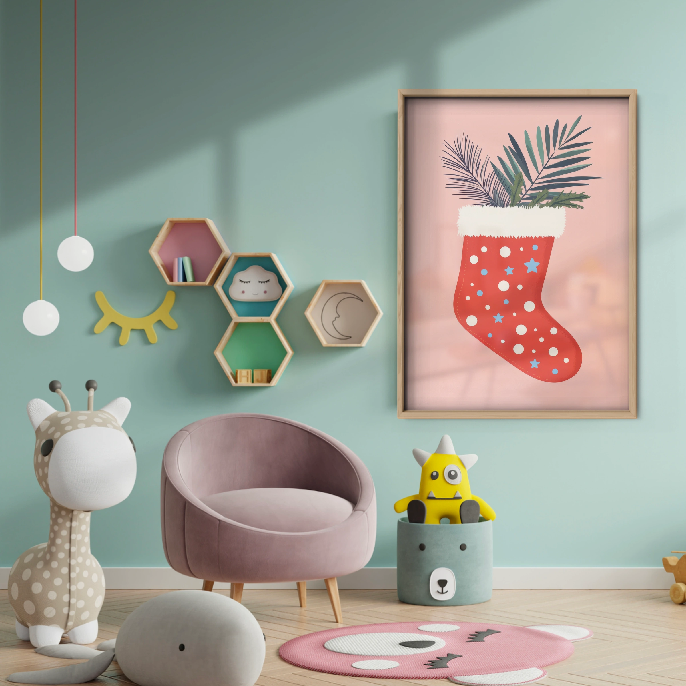Festive Stocking Christmas Print - baby room wall decor print