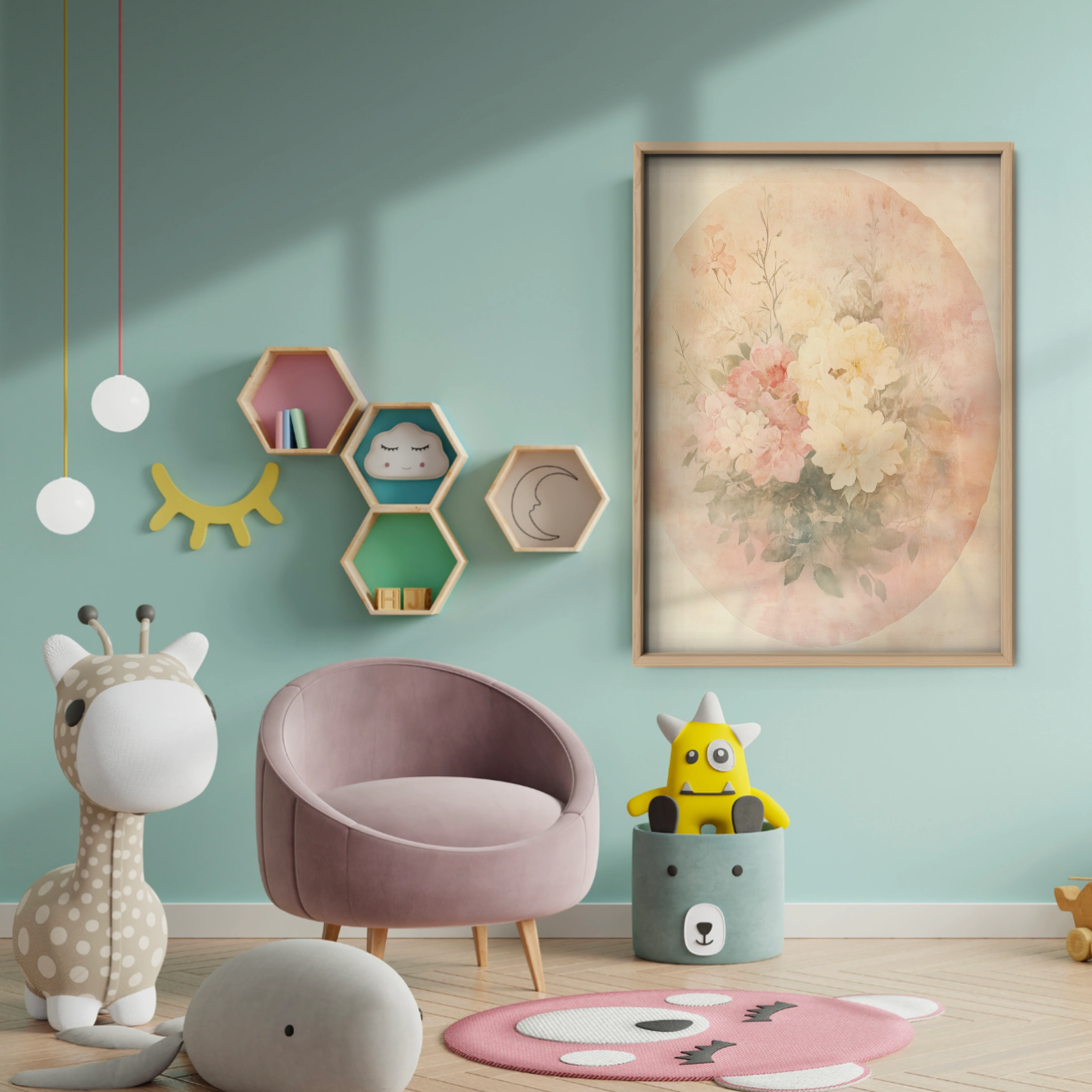 Floral Oval Nursery Print - baby room wall decor print