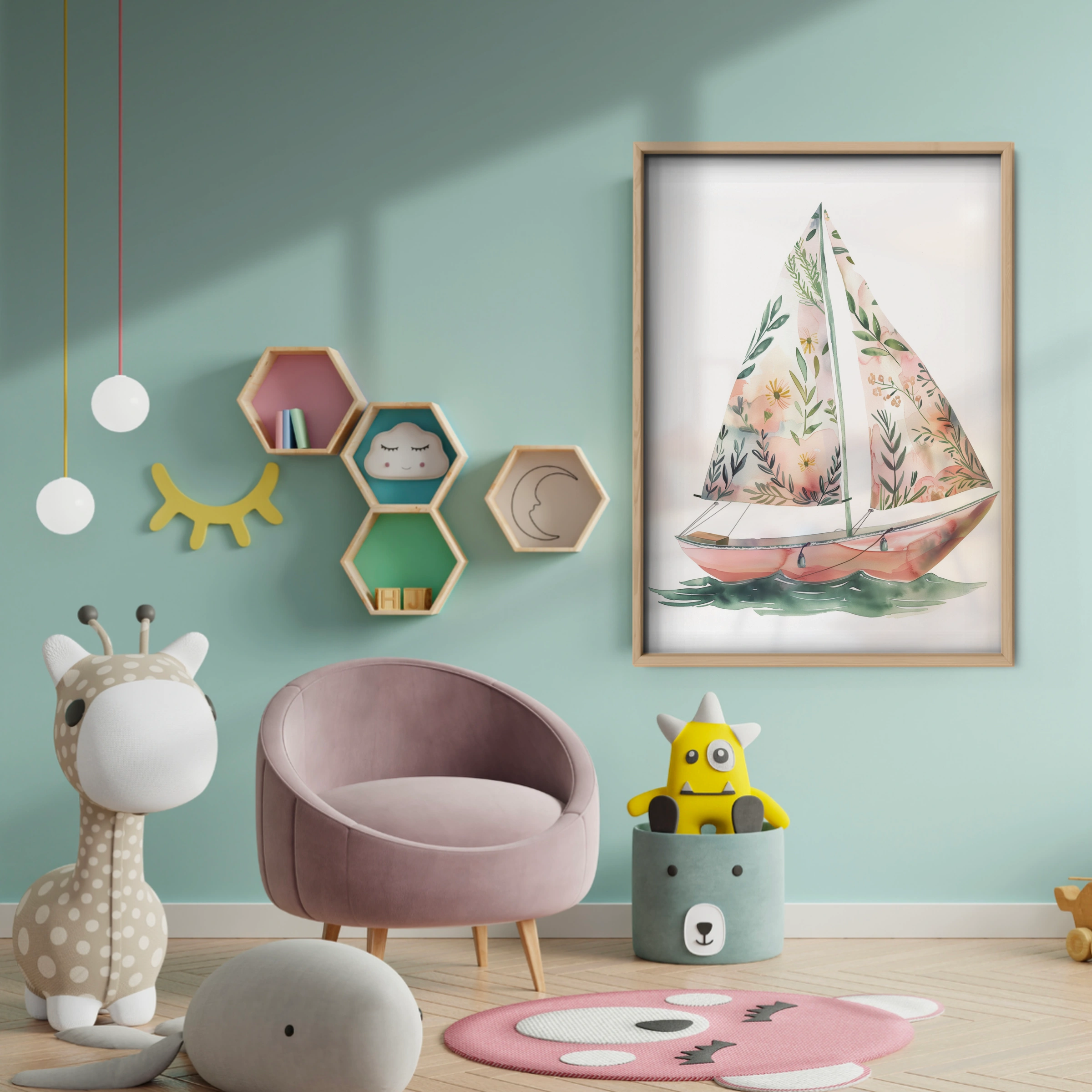 Floral Sailboat Nursery Print - baby room wall decor print