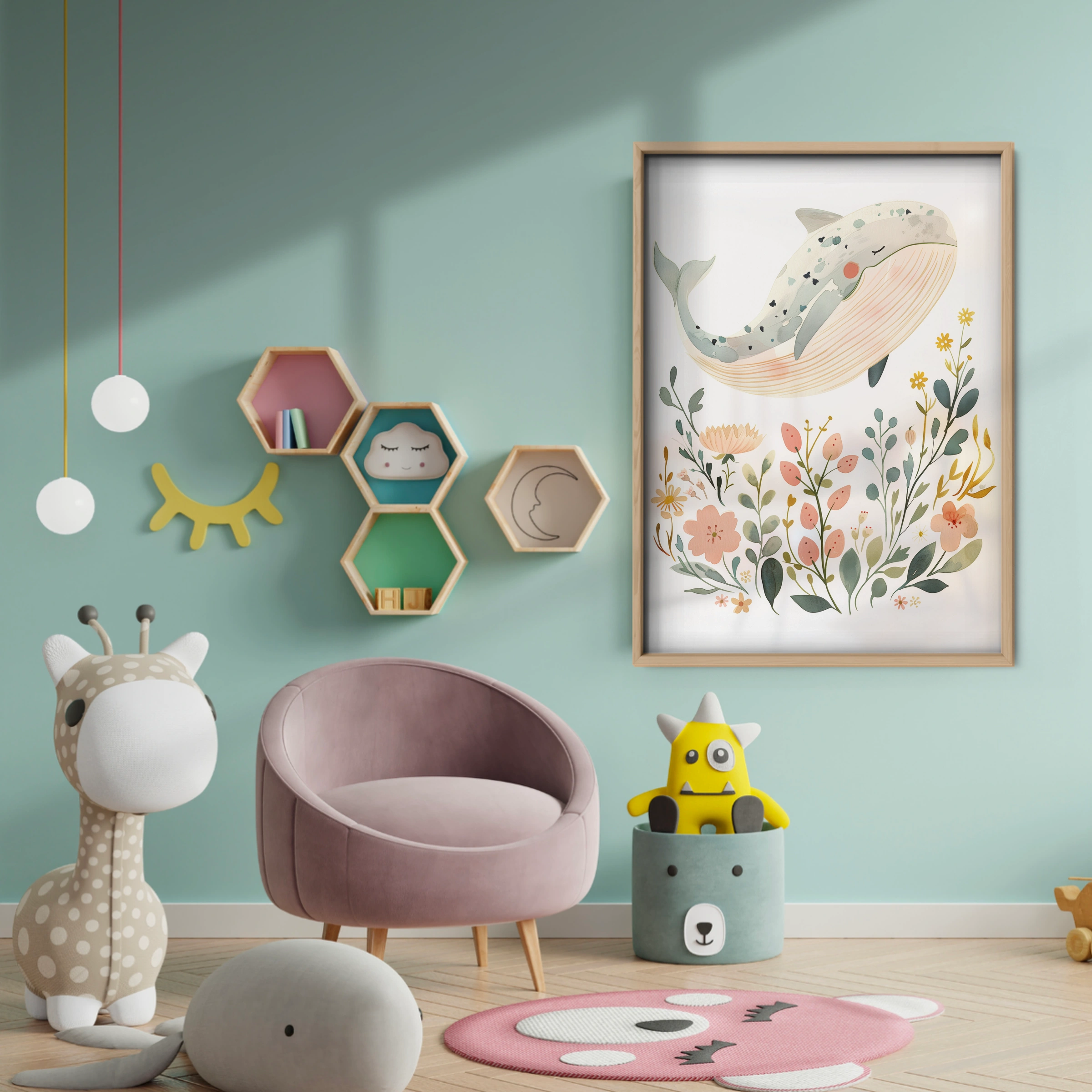 Floral Whale Nursery Print - baby room wall decor print