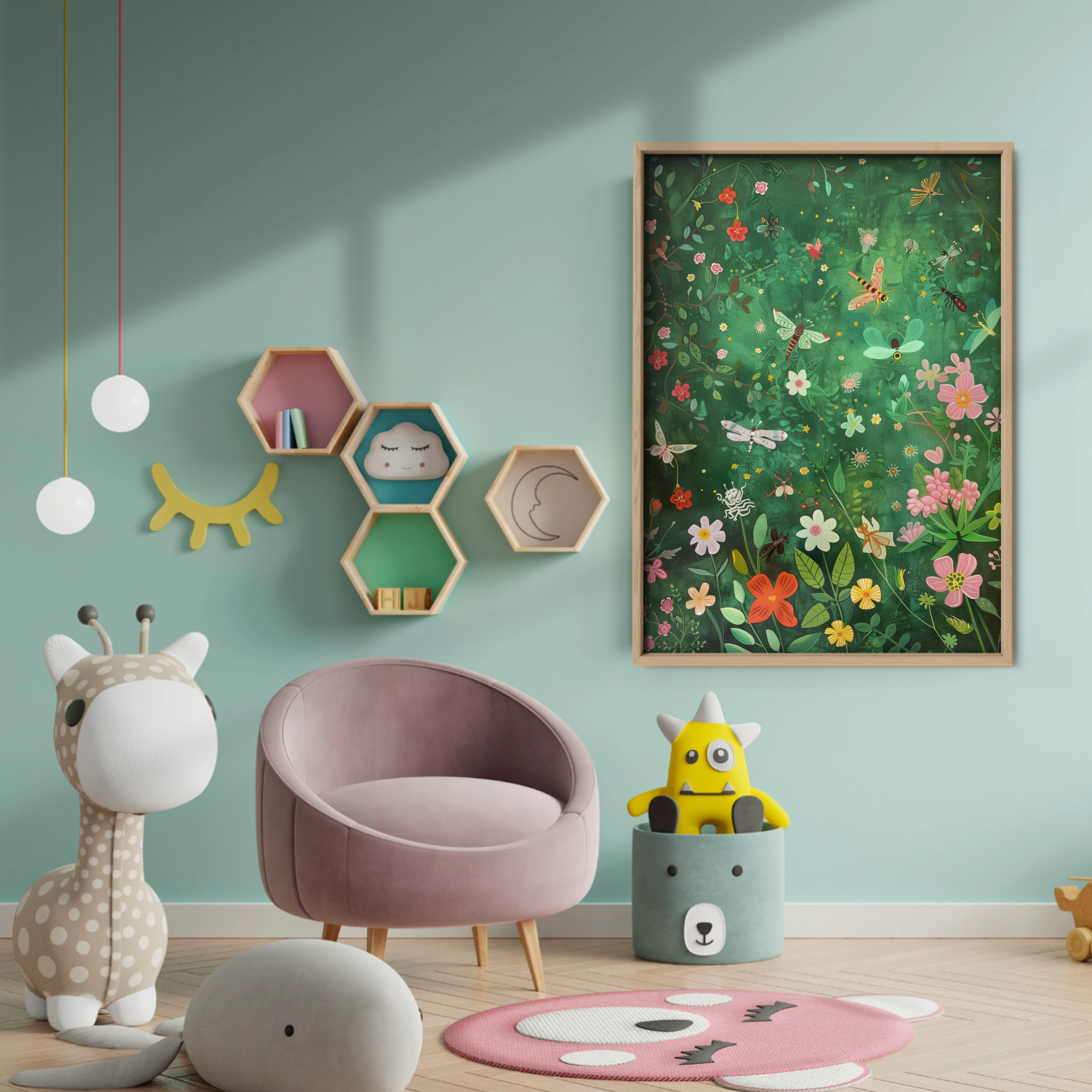 Flower and Butterfly Meadow Nursery Print - baby room wall decor print