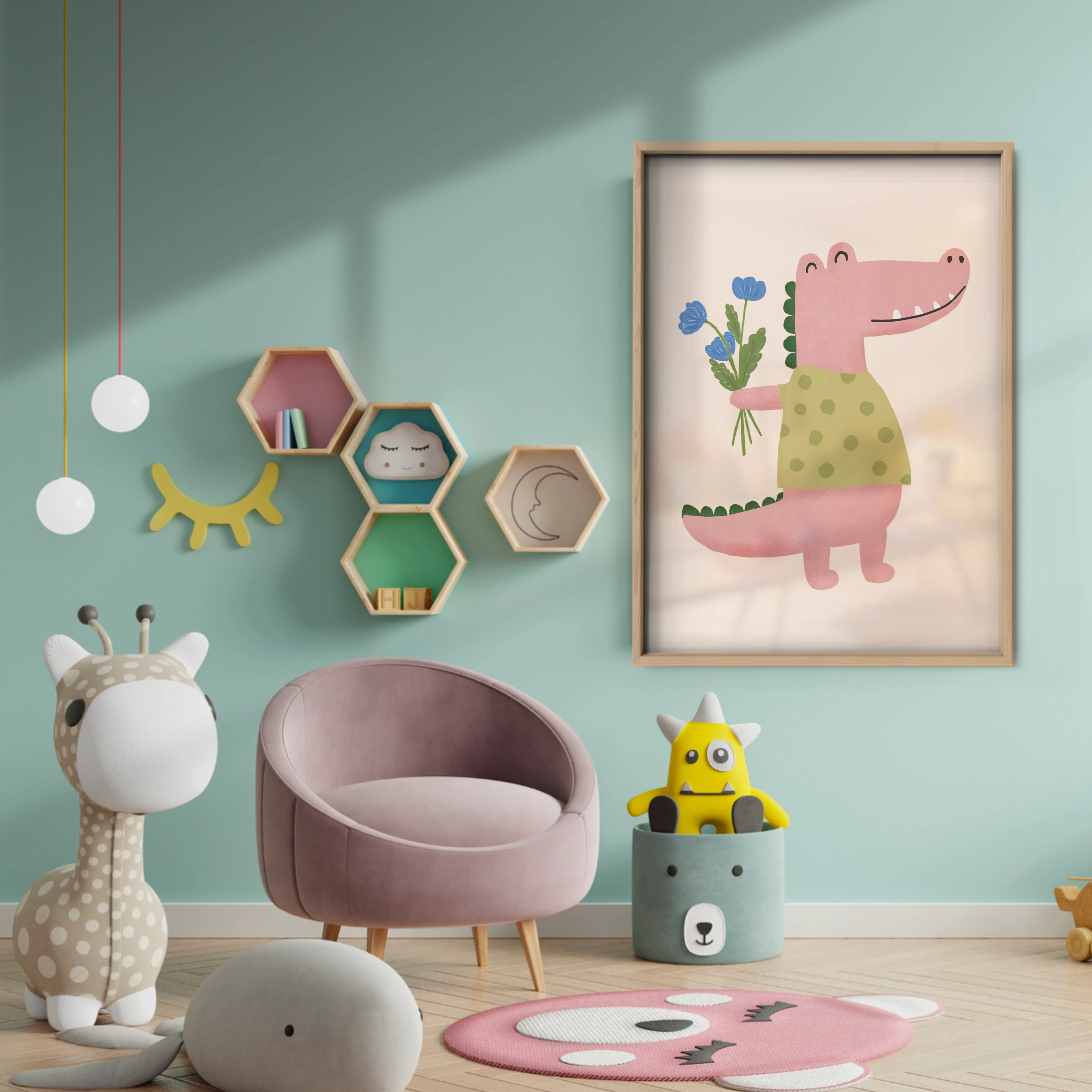 Flower Crocodile Nursery Print - baby room wall decor print