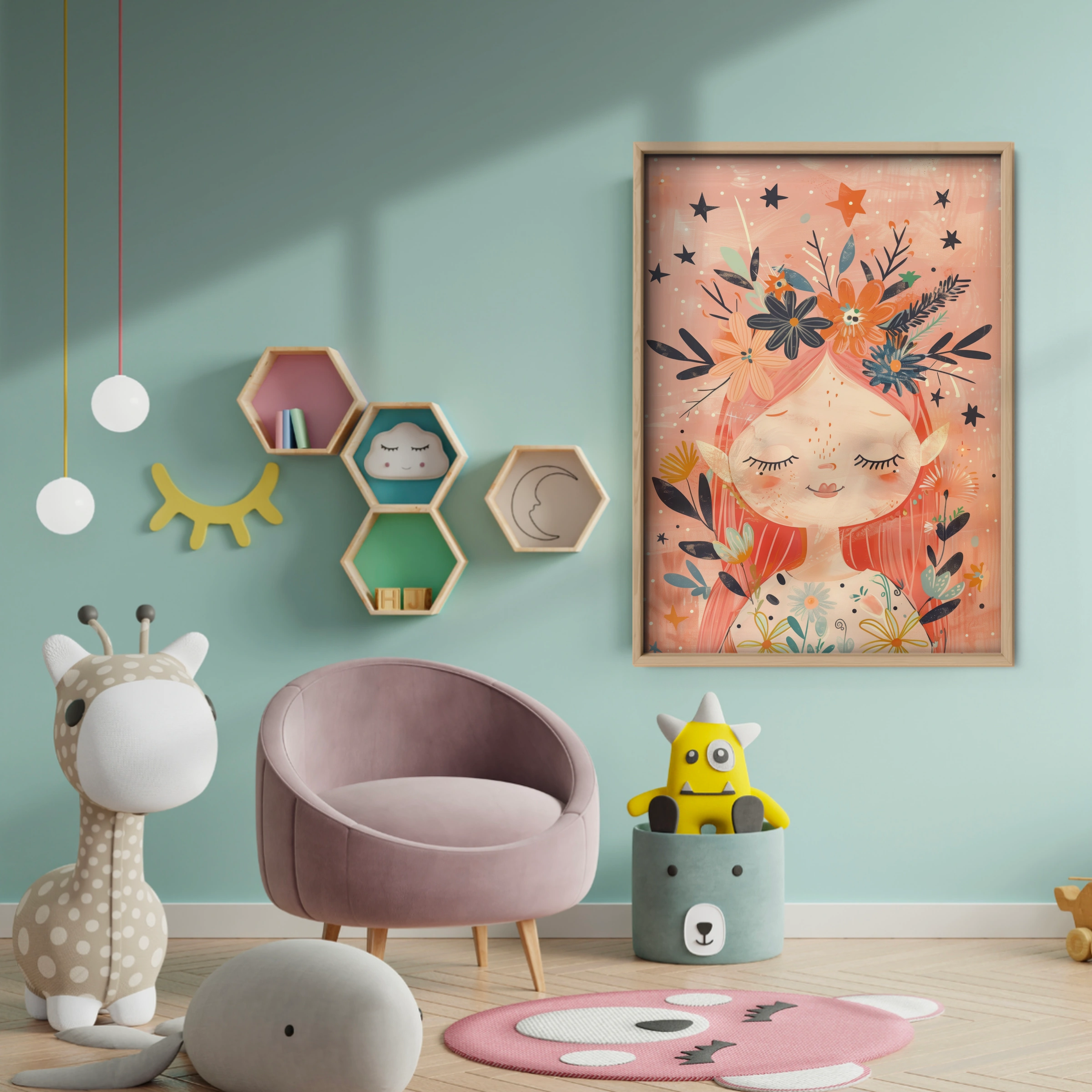 Flower Crown Girl Nursery Print - baby room wall decor print