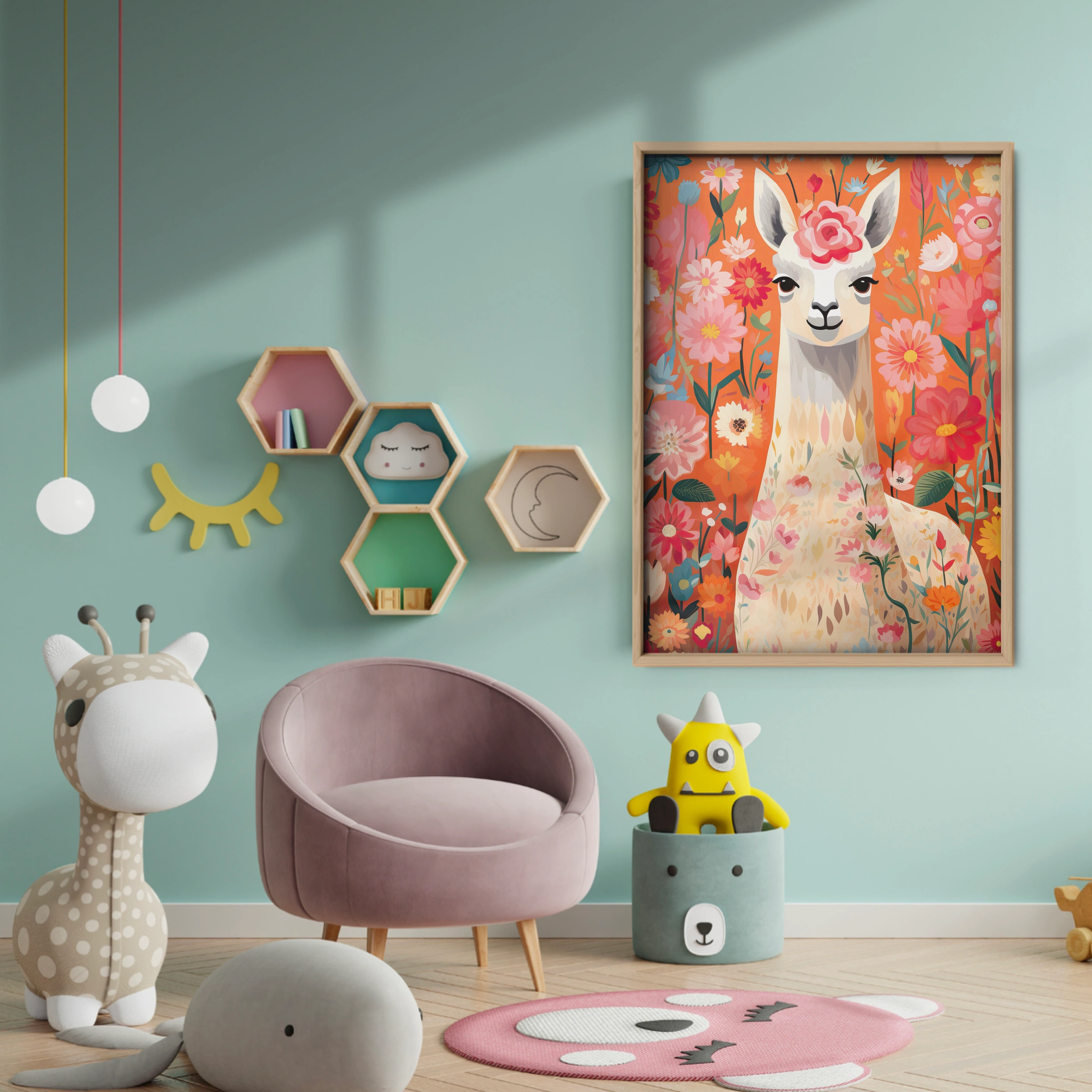 Flower Llama Nursery Print - baby room wall decor print