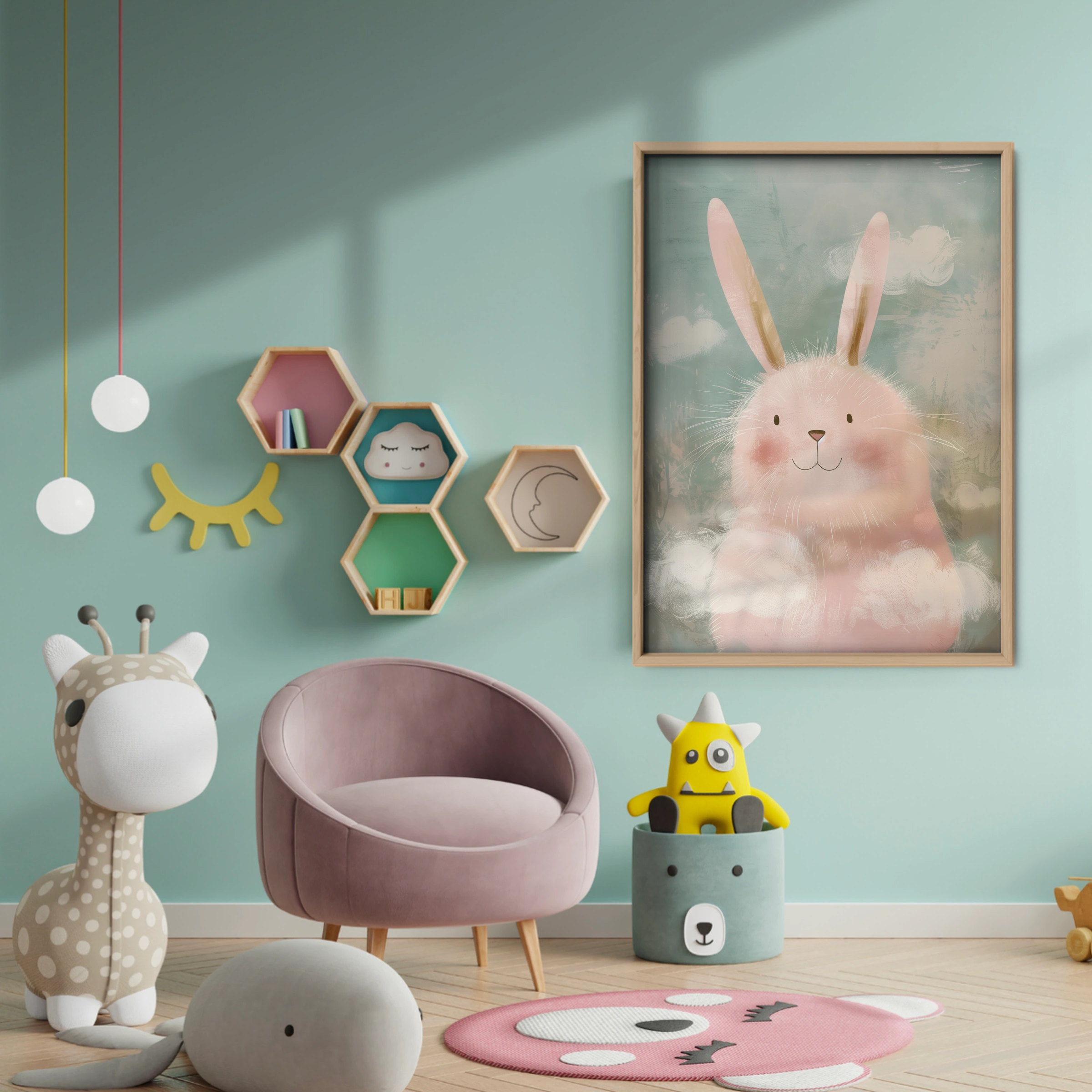 Fluffy Bunny in Clouds Nursery Print - baby room wall decor print