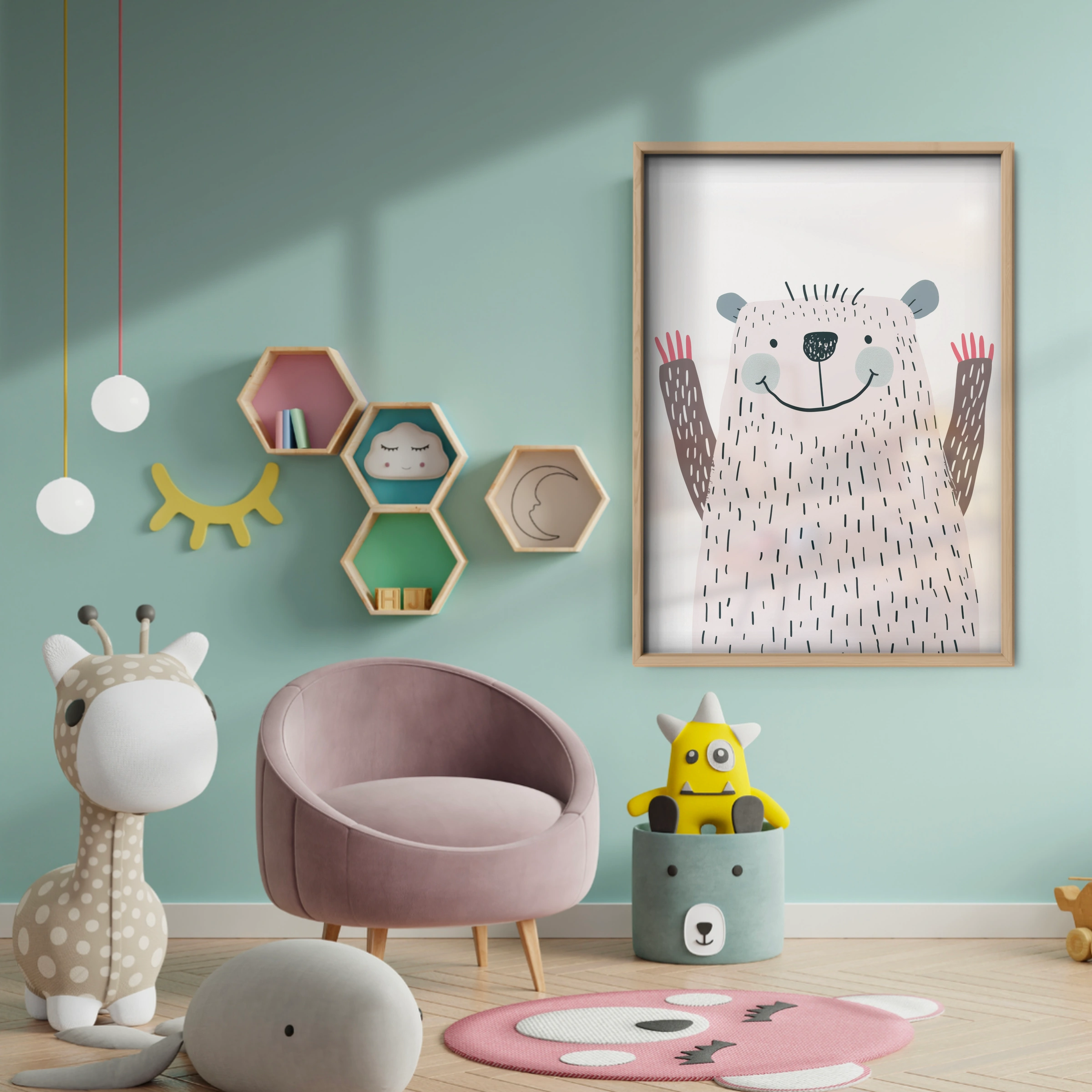 Fluffy White Bear Nursery Print - baby room wall decor print