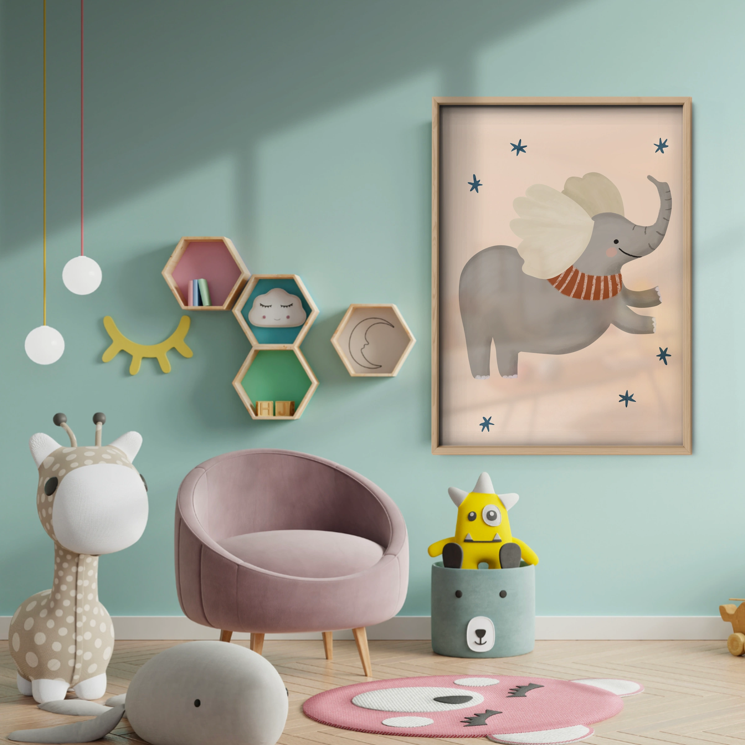 Flying Elephant Nursery Print - baby room wall decor print