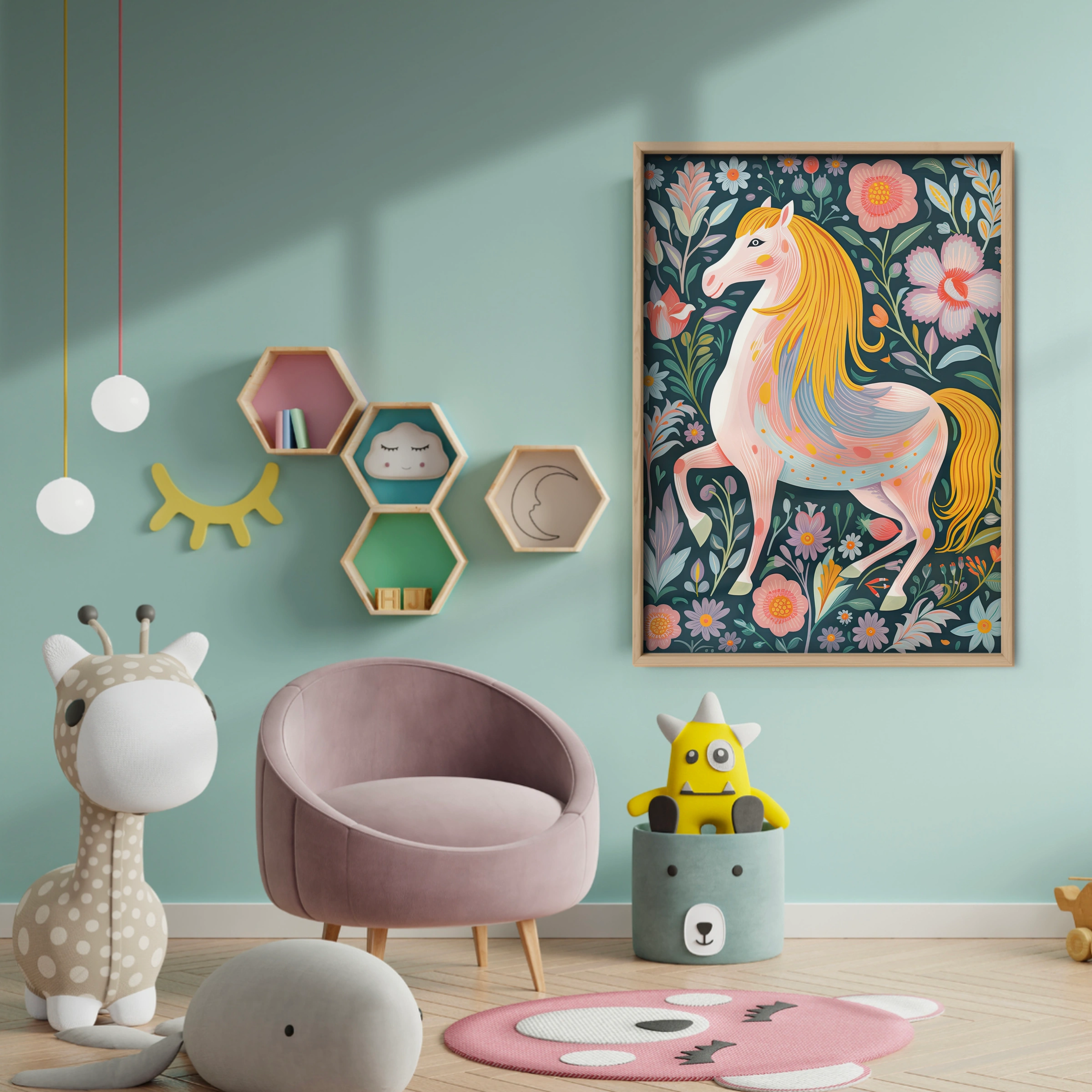 Folk Flower Horse Nursery Print - baby room wall decor print