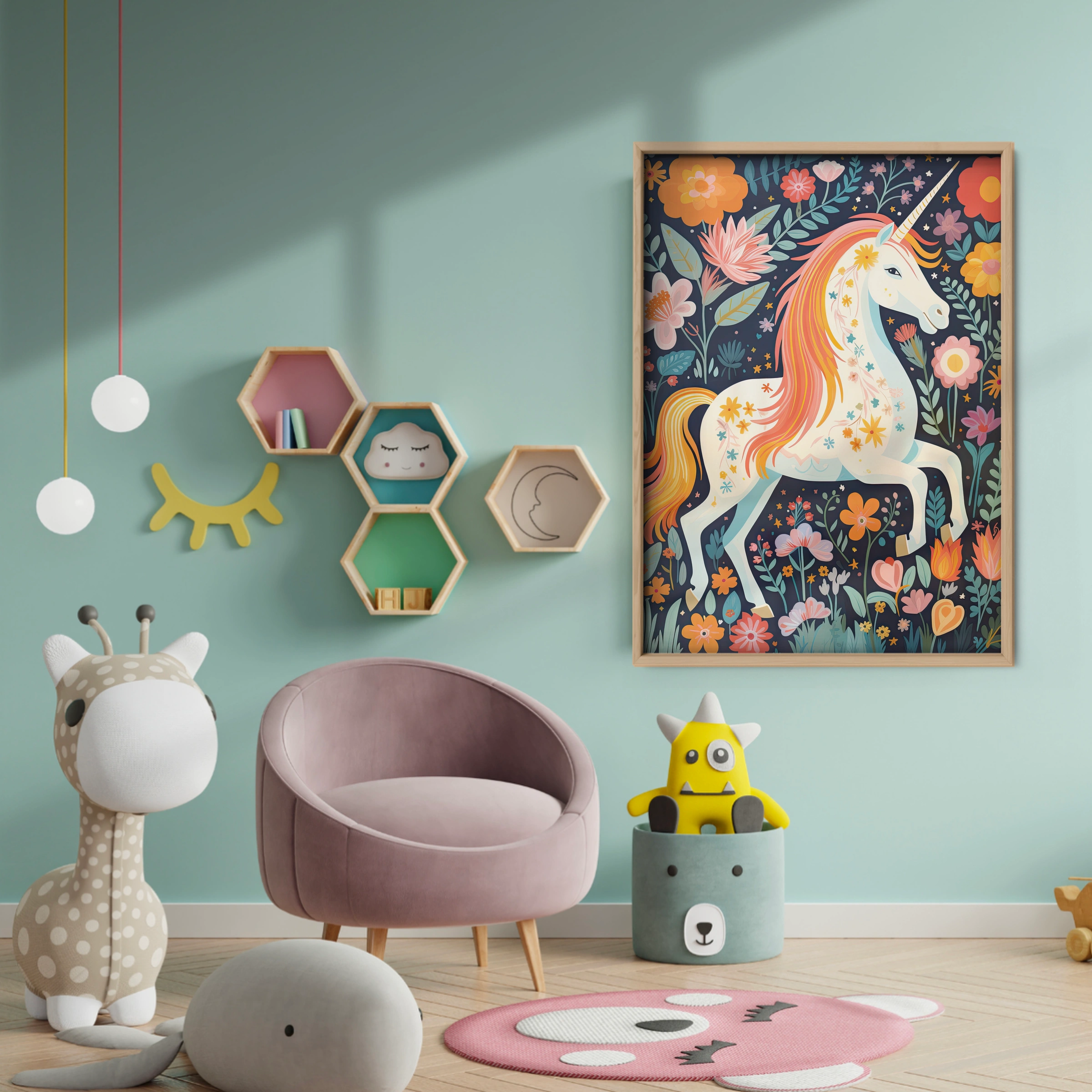 Folk Flower Unicorn Nursery Print - baby room wall decor print