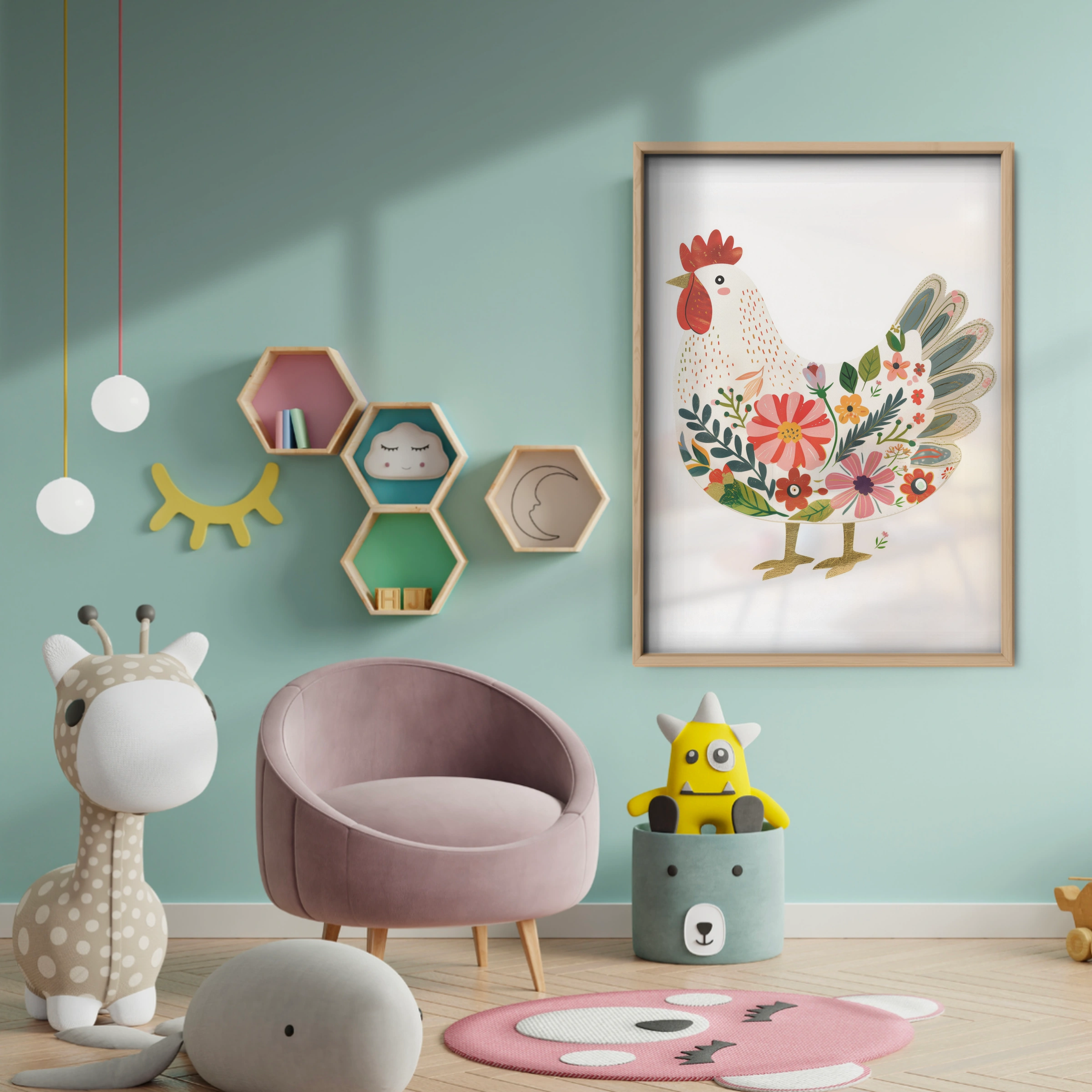 Folk Hen Nursery Print - baby room wall decor print