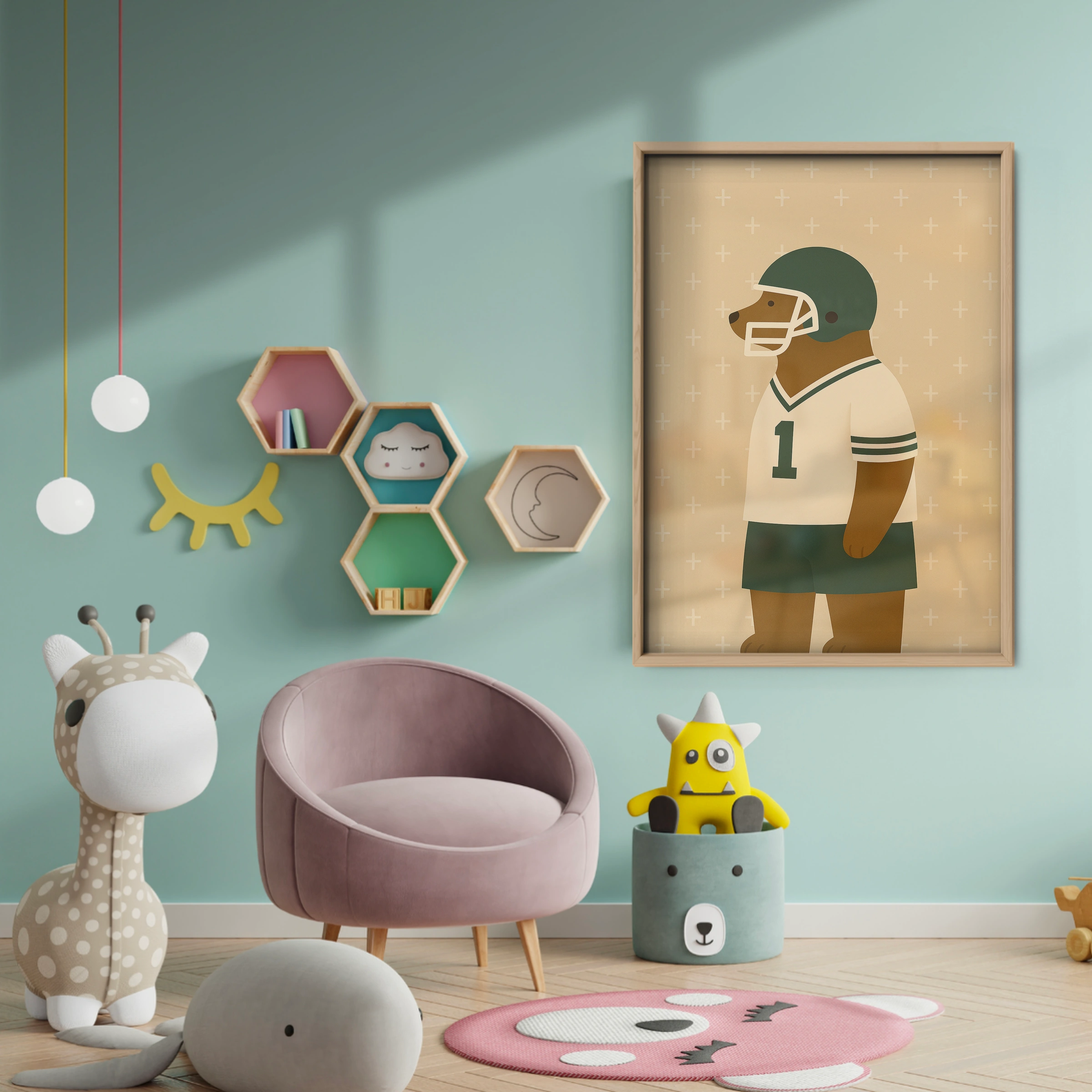 Football Bear Nursery Print - baby room wall decor print