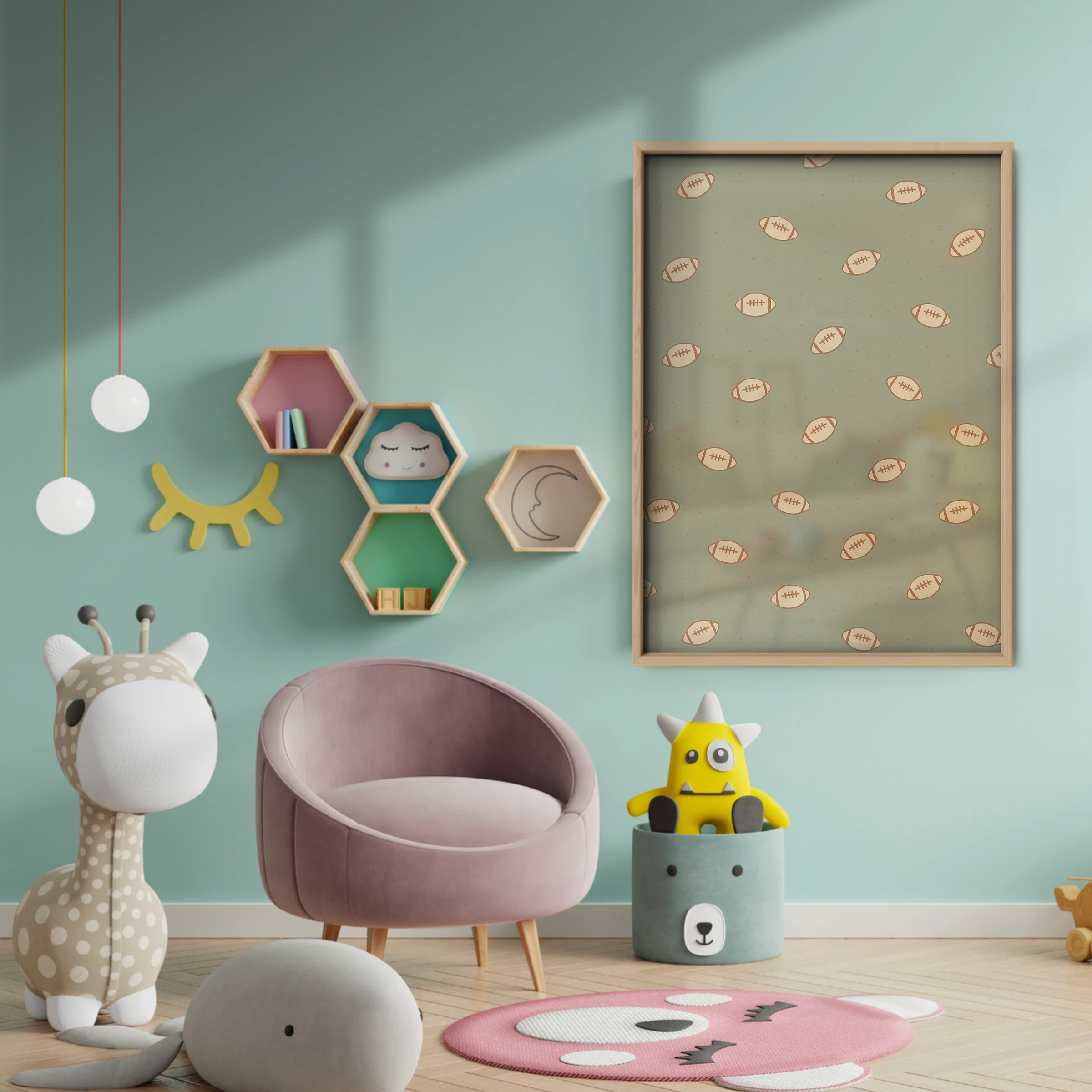 Footballs Pattern Nursery Print - baby room wall decor print