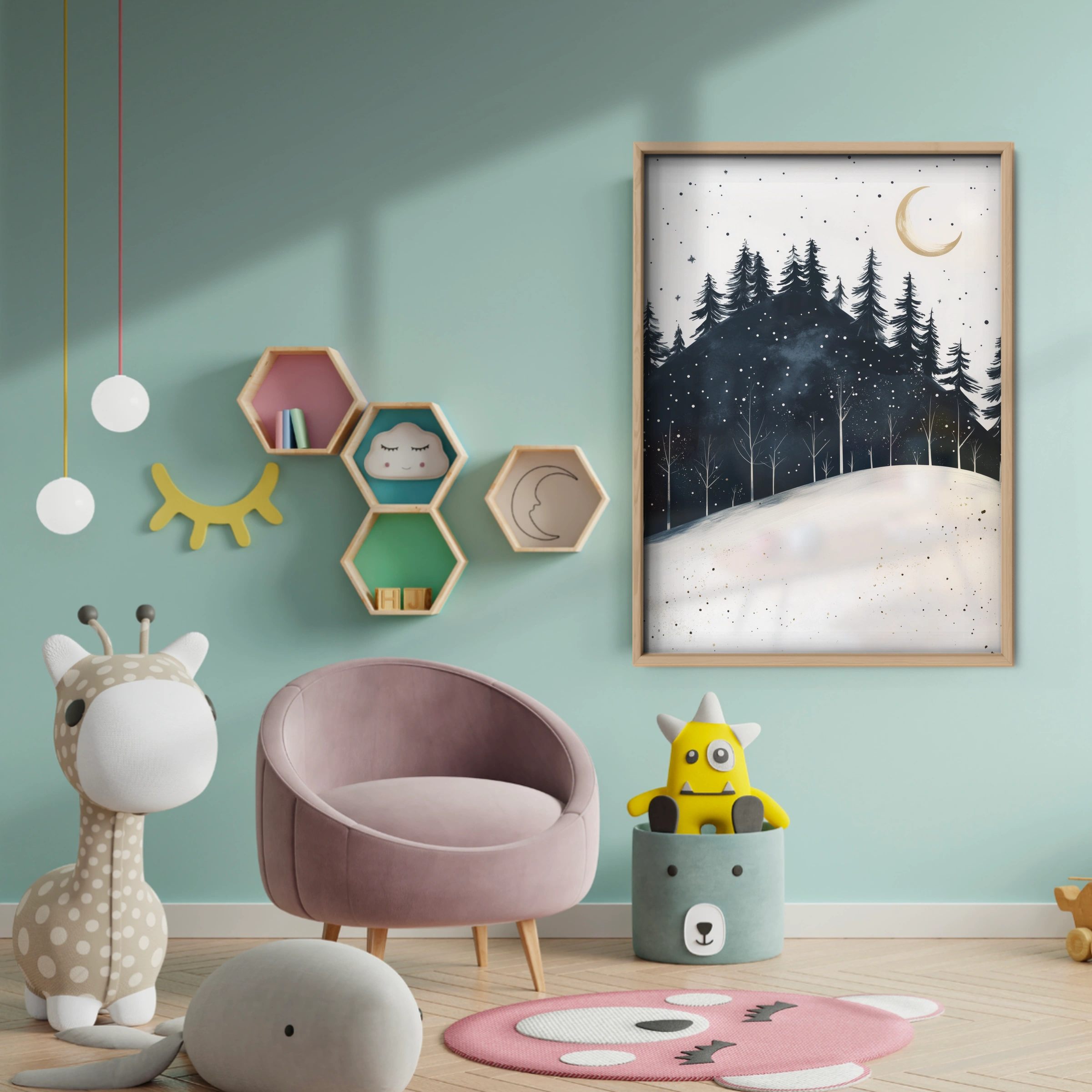 Forest at Night Christmas Print - baby room wall decor print