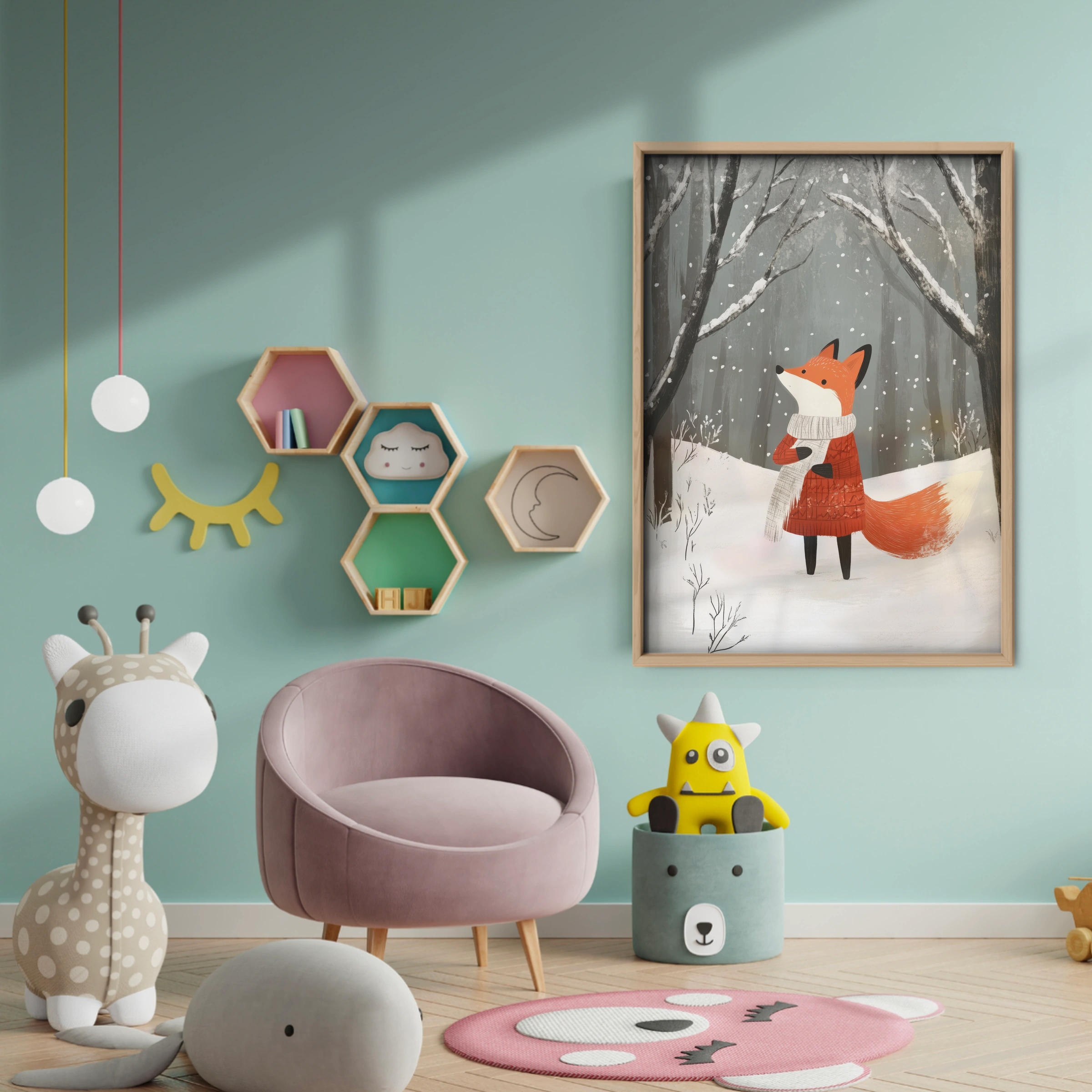 Fox in the Winter Forest Christmas Print - baby room wall decor print