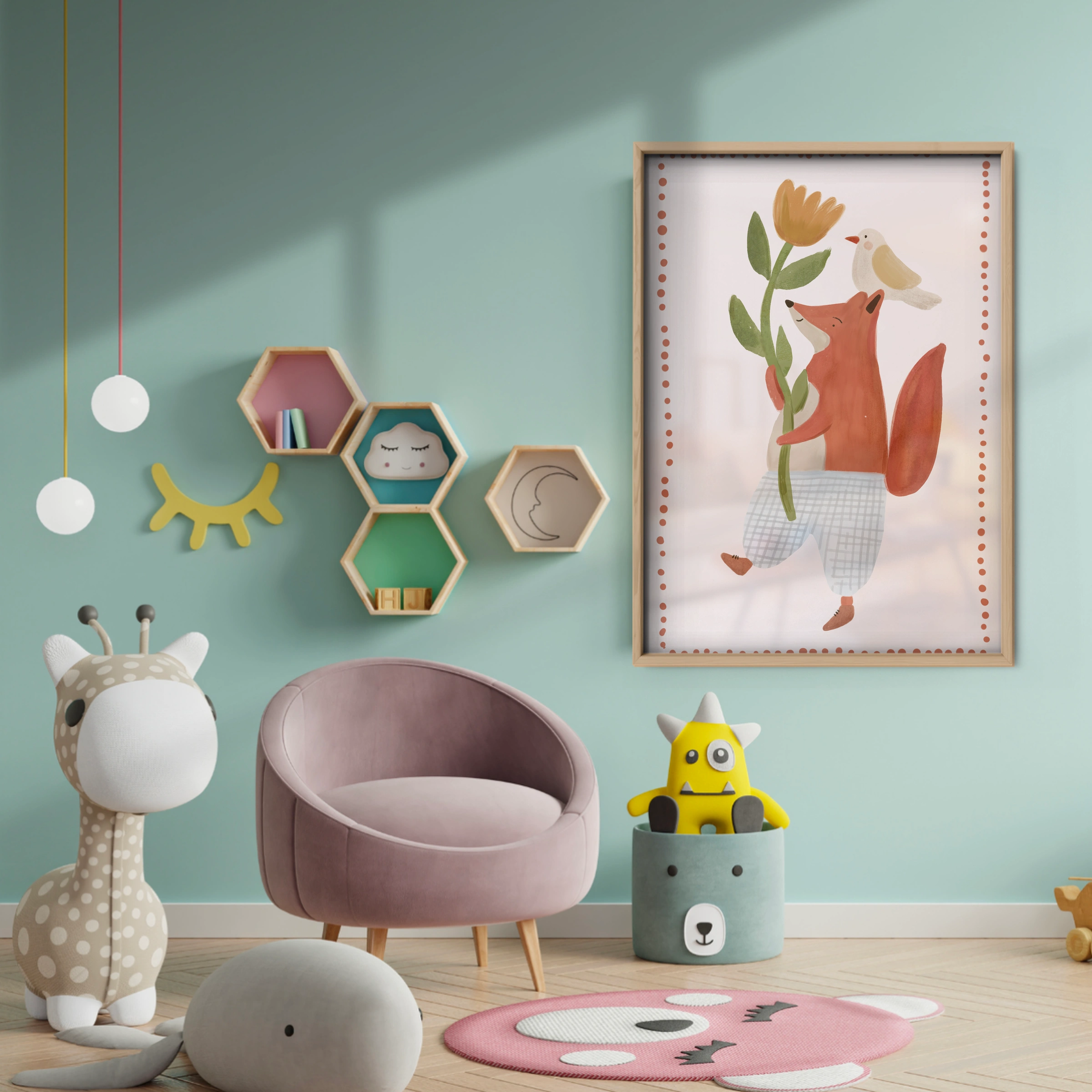 Fox with Flowers Nursery Print - baby room wall decor print