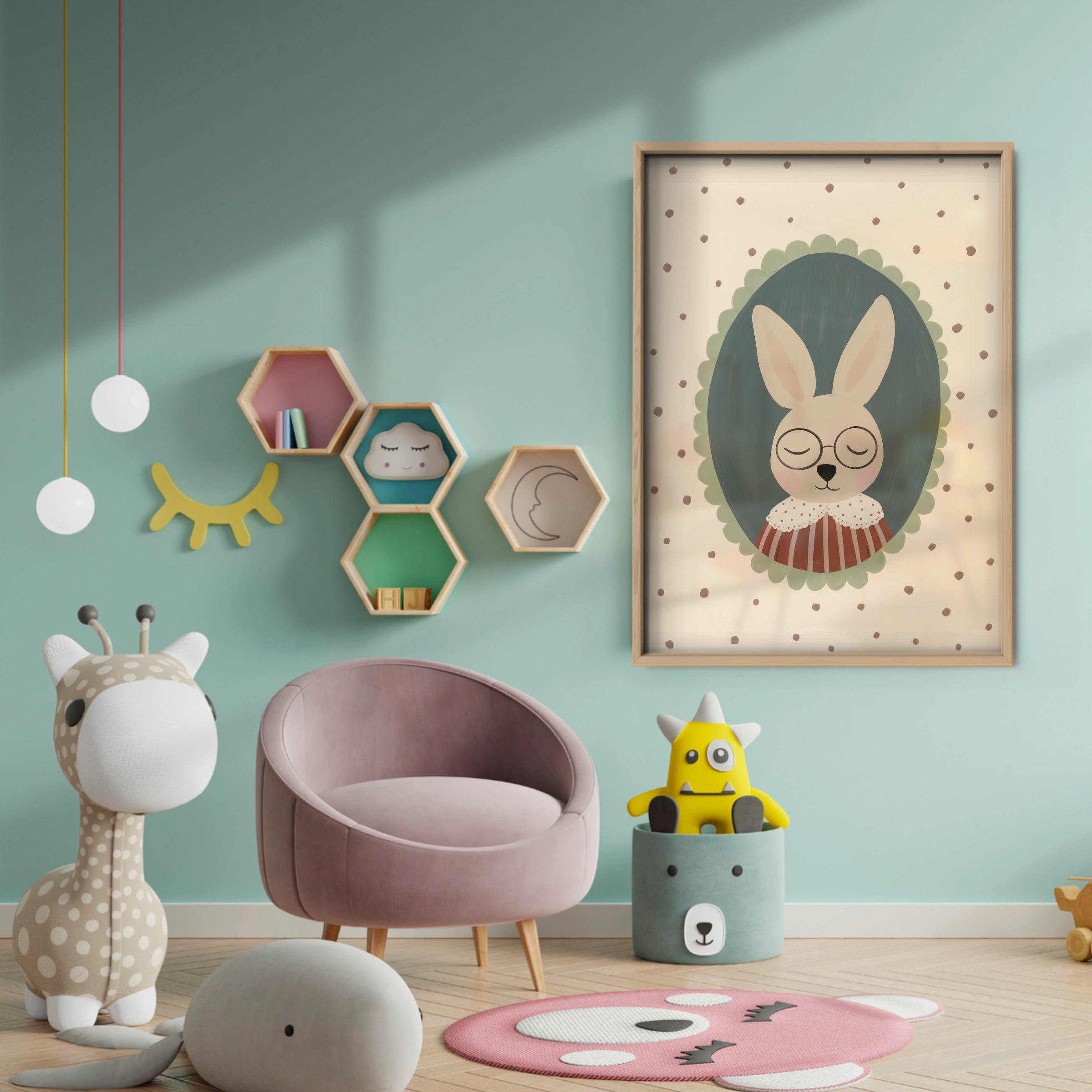 Framed Bunny Nursery Print - baby room wall decor print